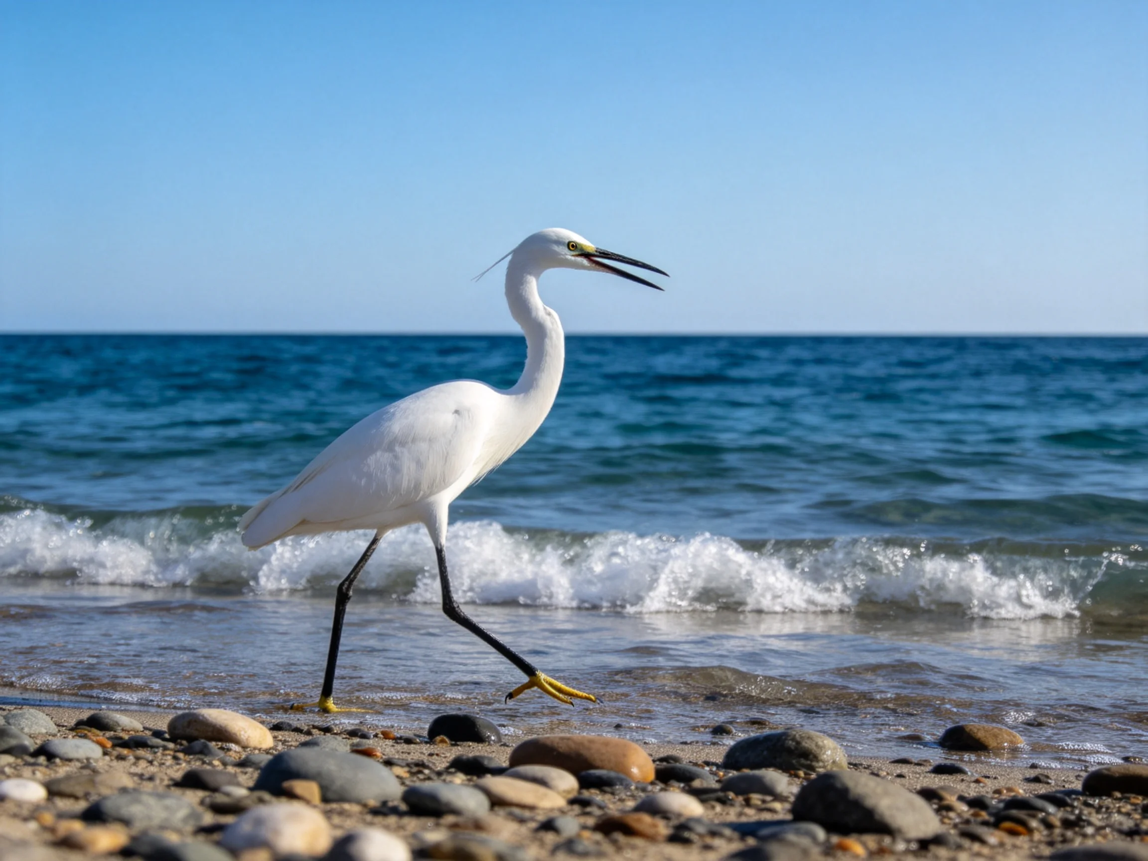 A white egret walks along a pebbly shoreline by the blue sea
