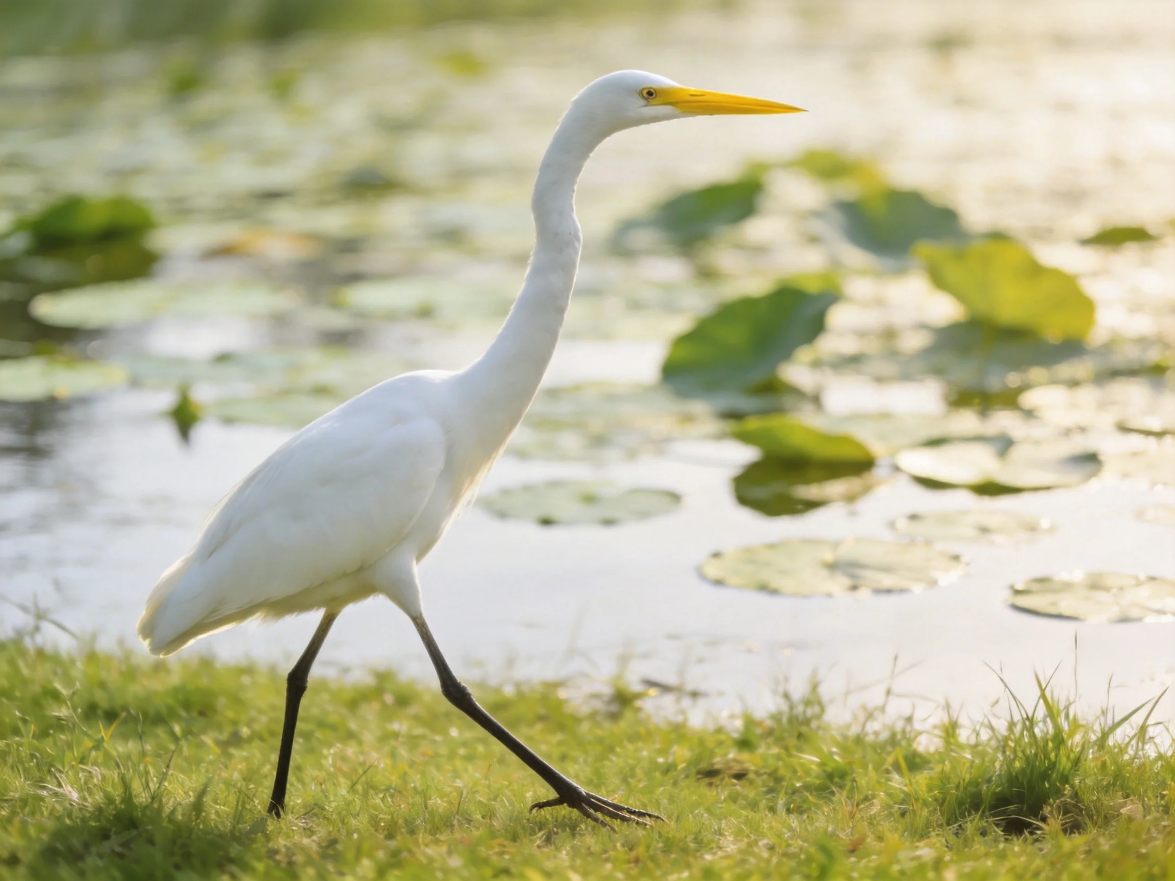 A white egret walks near a pond with green lily pads