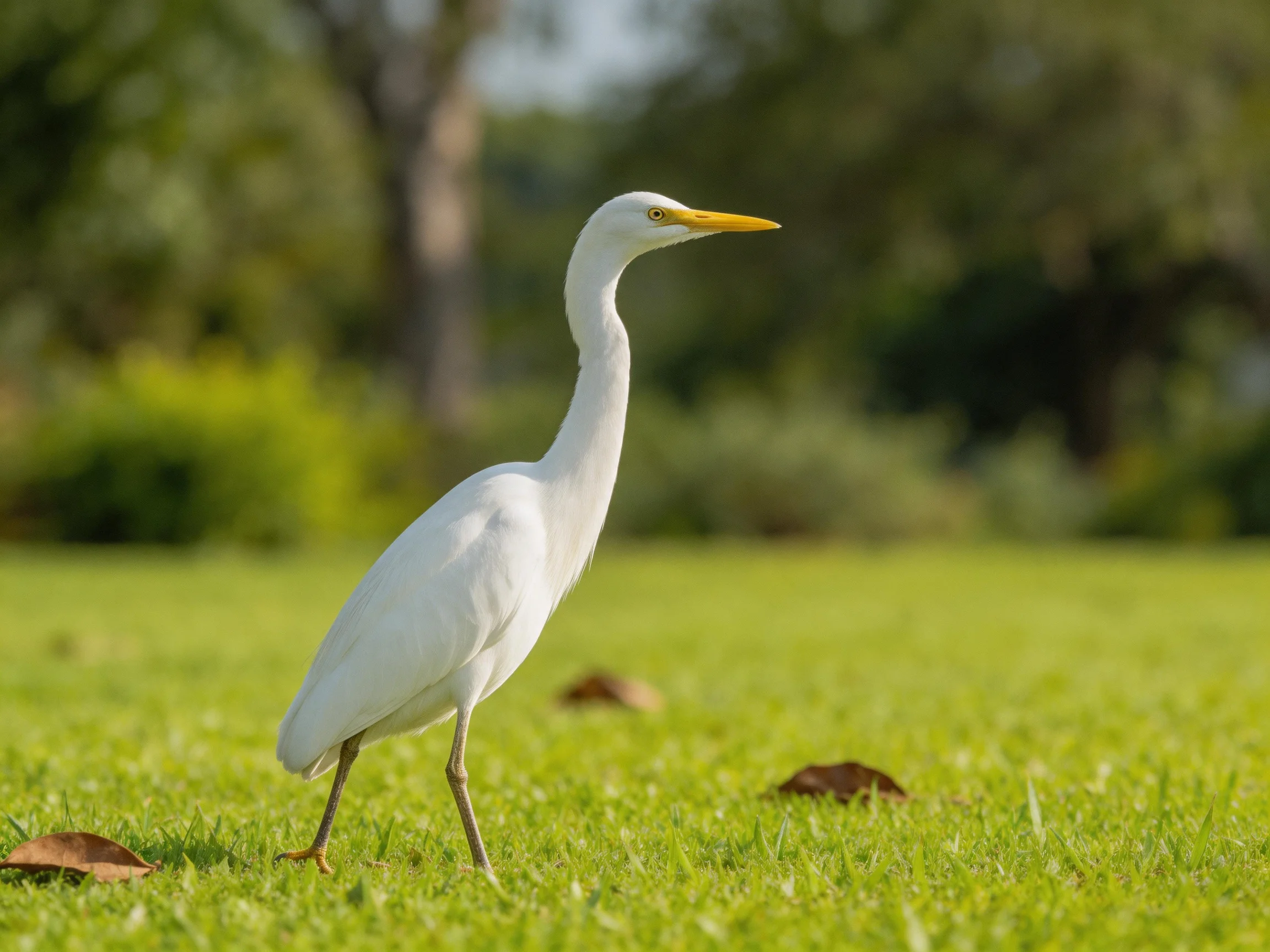 A white egret walks on lush green grass near scattered brown leaves