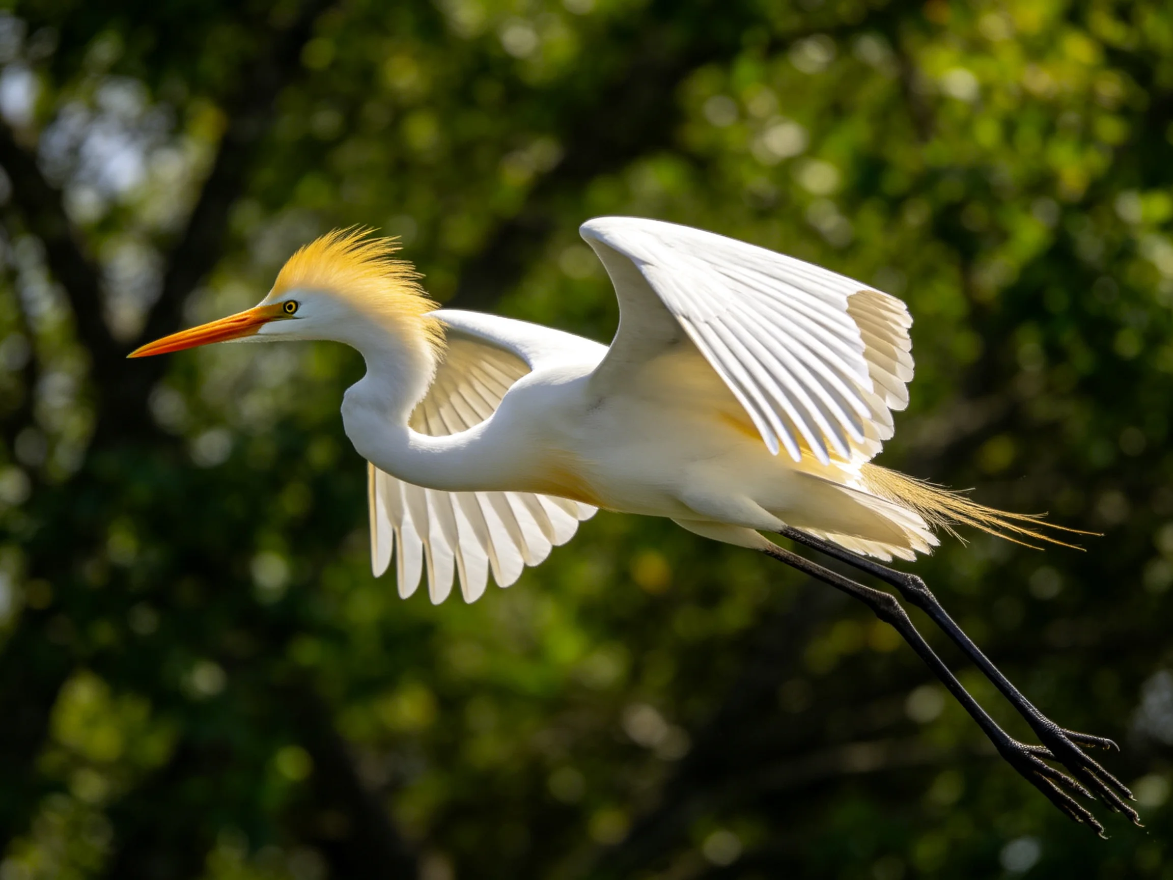 A white egret with golden crest flies near lush green trees