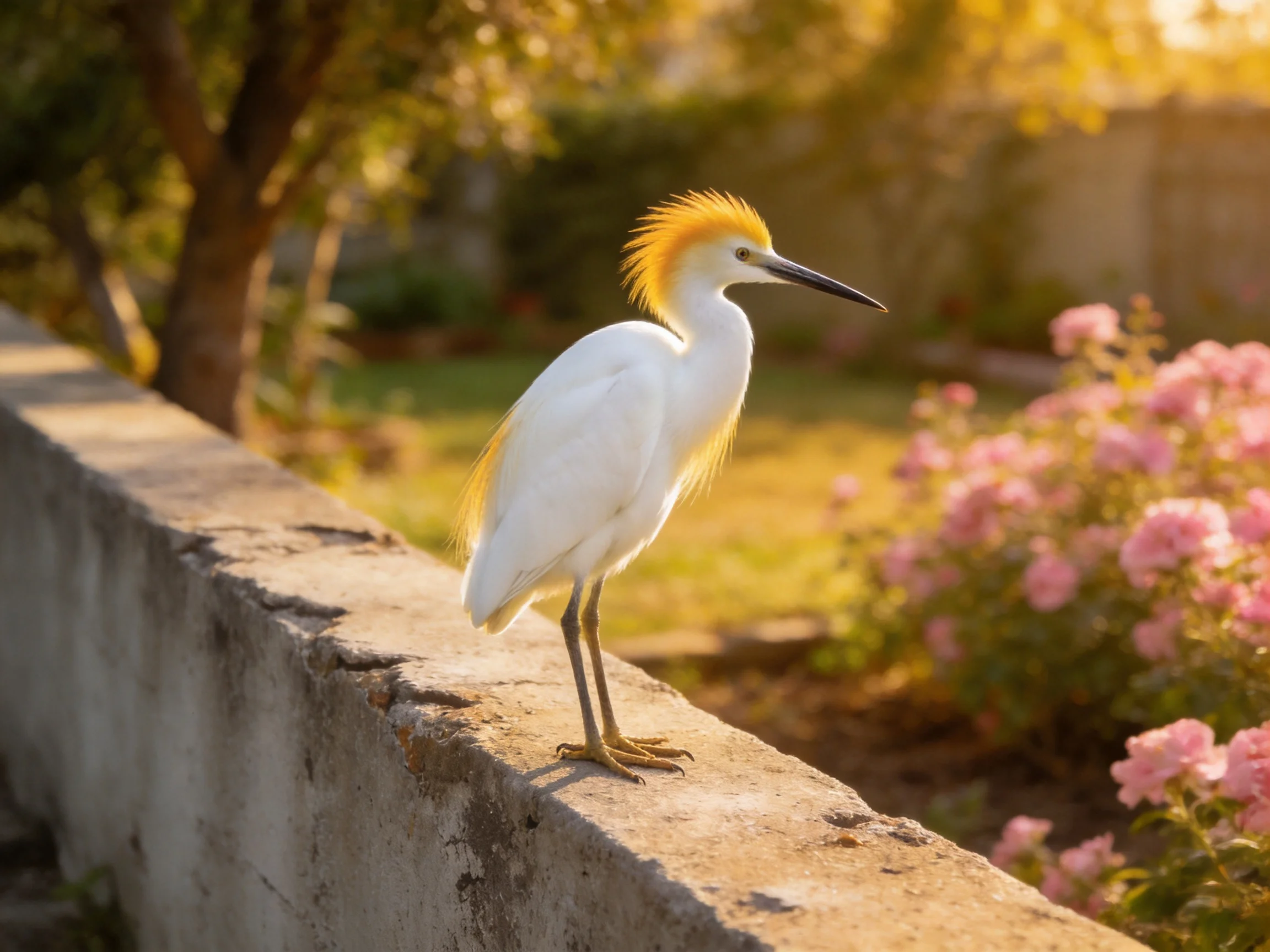 A white egret with golden crest perched on a weathered concrete wall