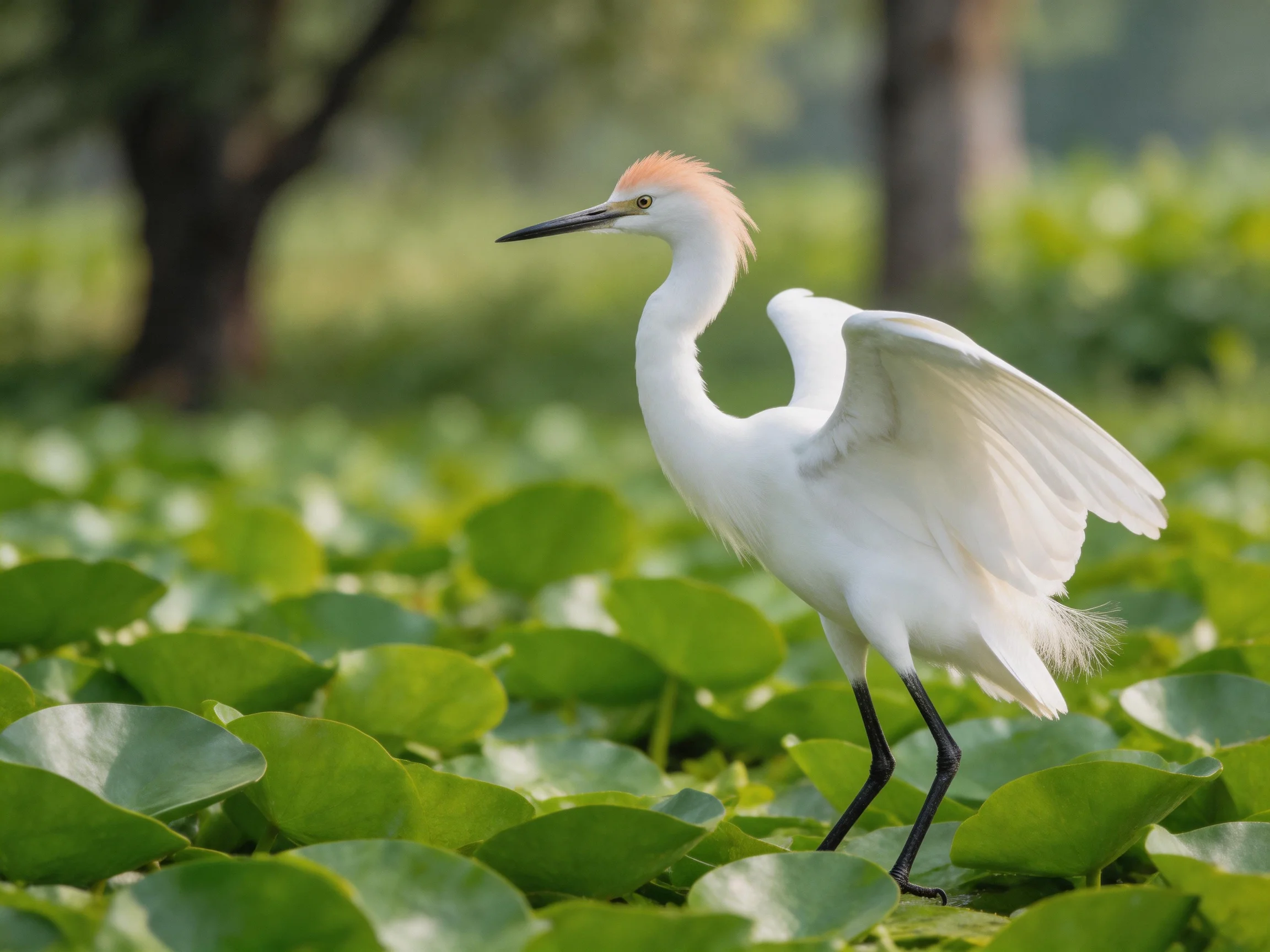 A white egret with orange crest moving through green aquatic vegetation