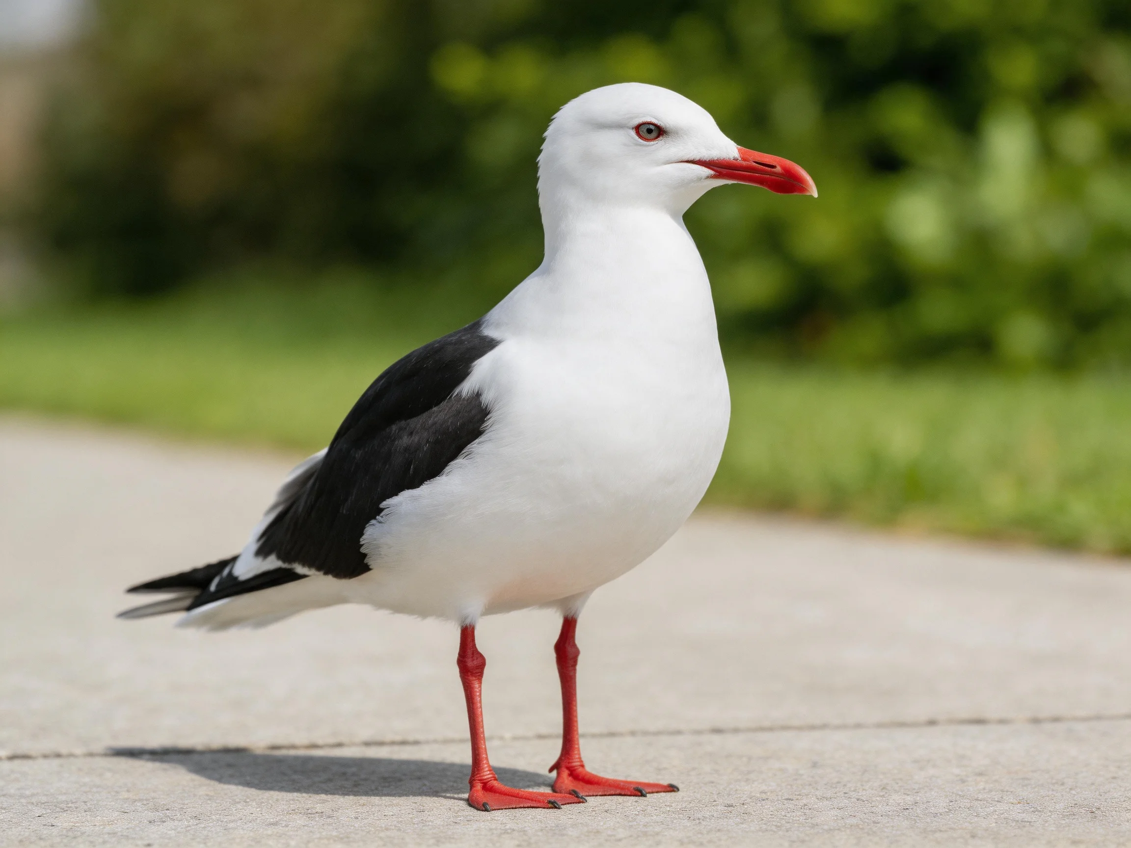 A white-feathered seagull with black wings and red beak stands on pavement