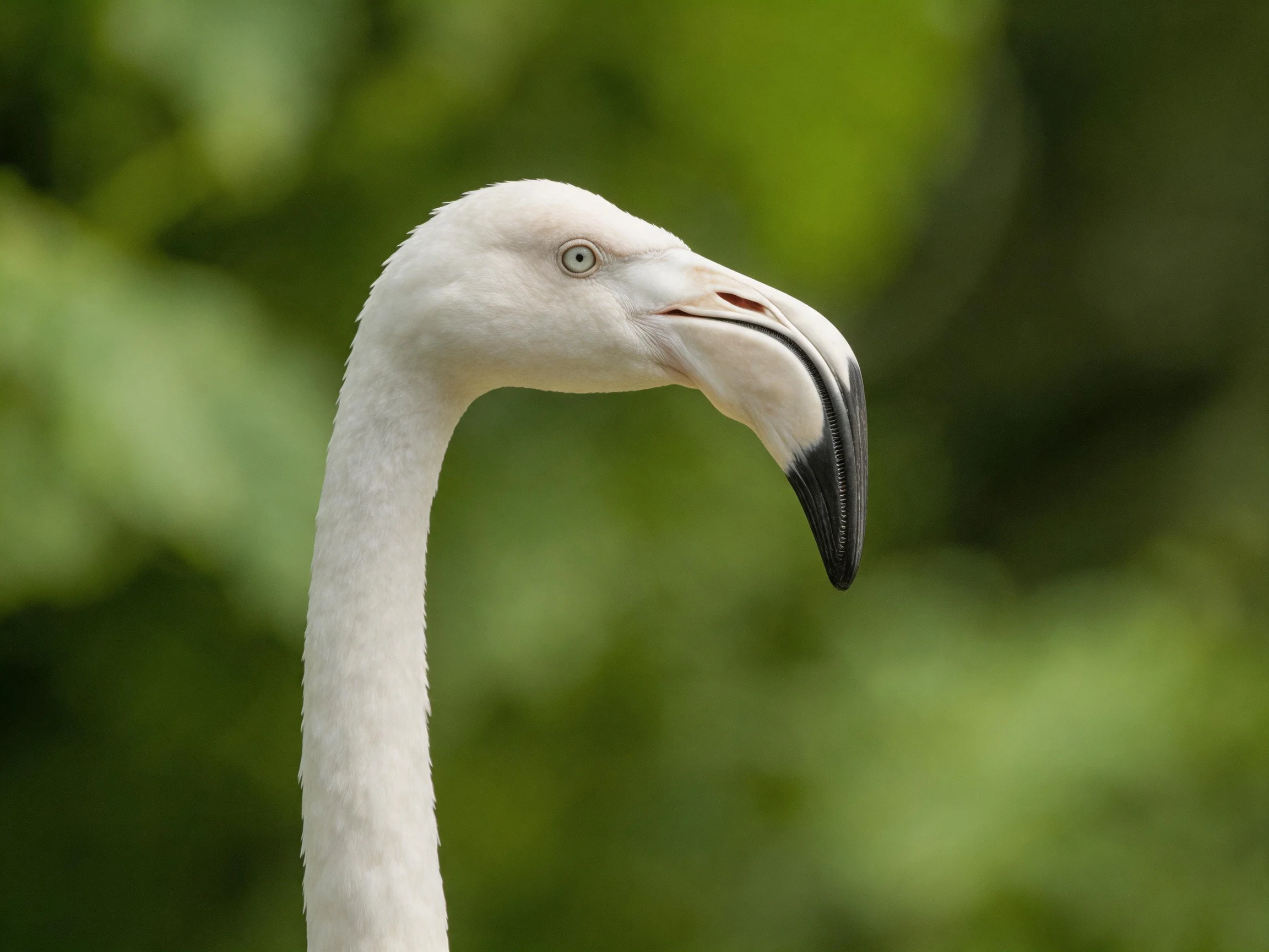 A white flamingo with a curved black-tipped beak among green foliage