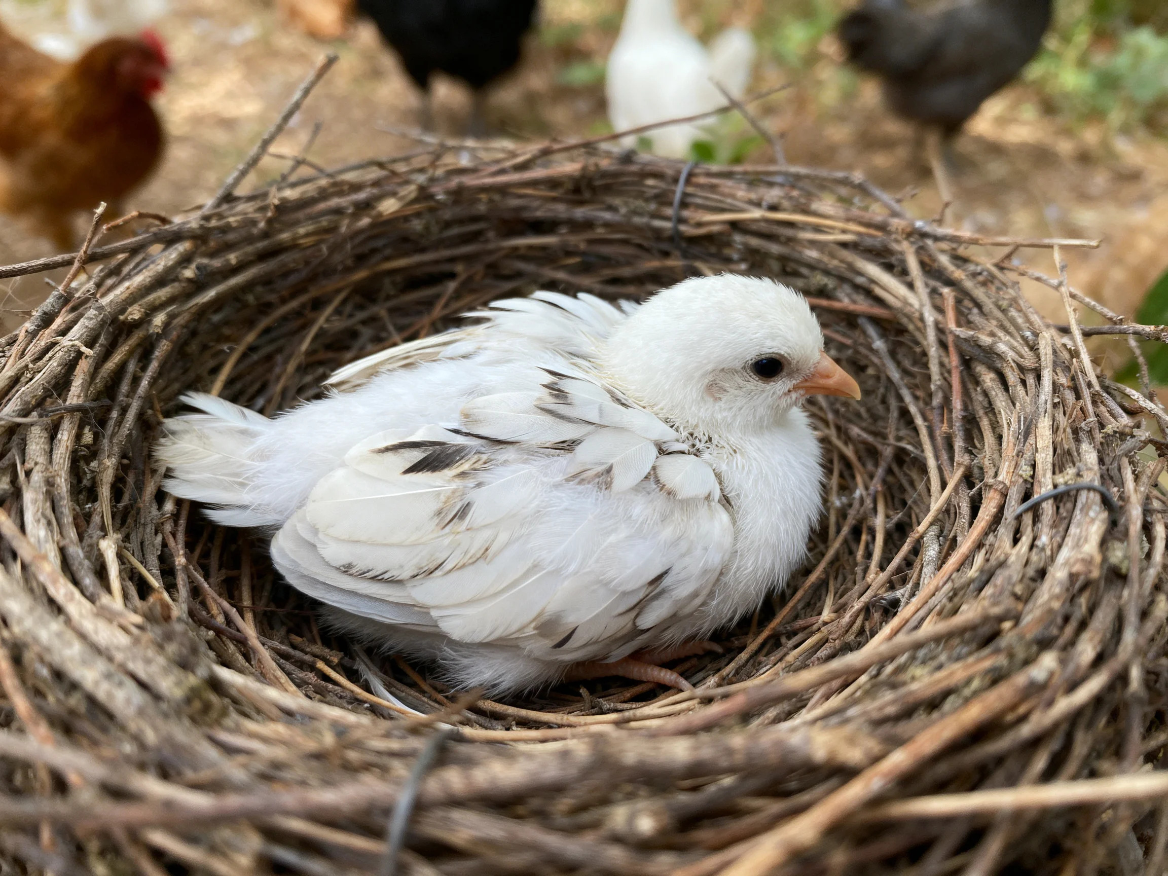 A white fledgling rests in a twig nest among farmyard chickens