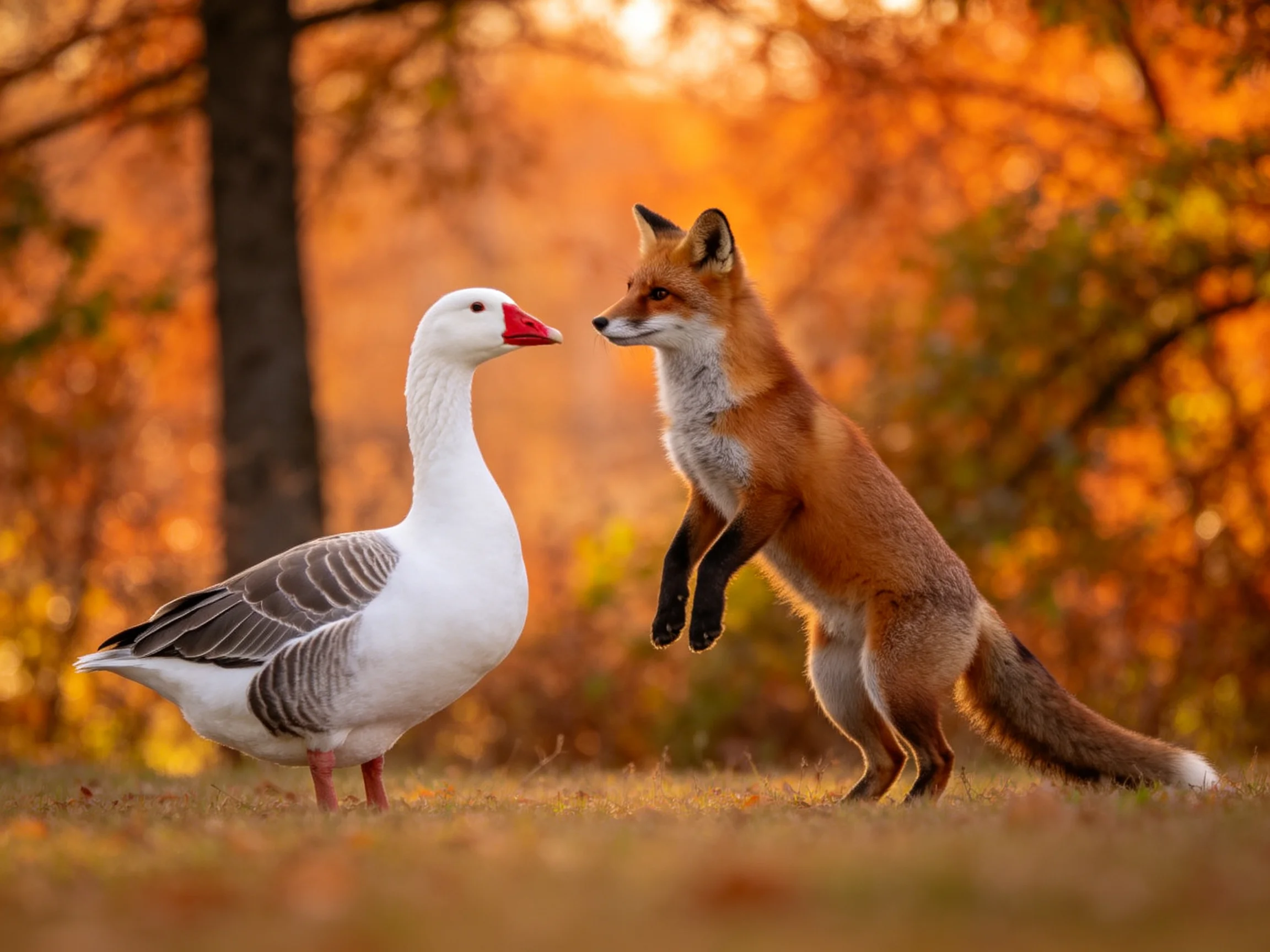 A white goose and reddish-brown fox face-to-face in autumn woods