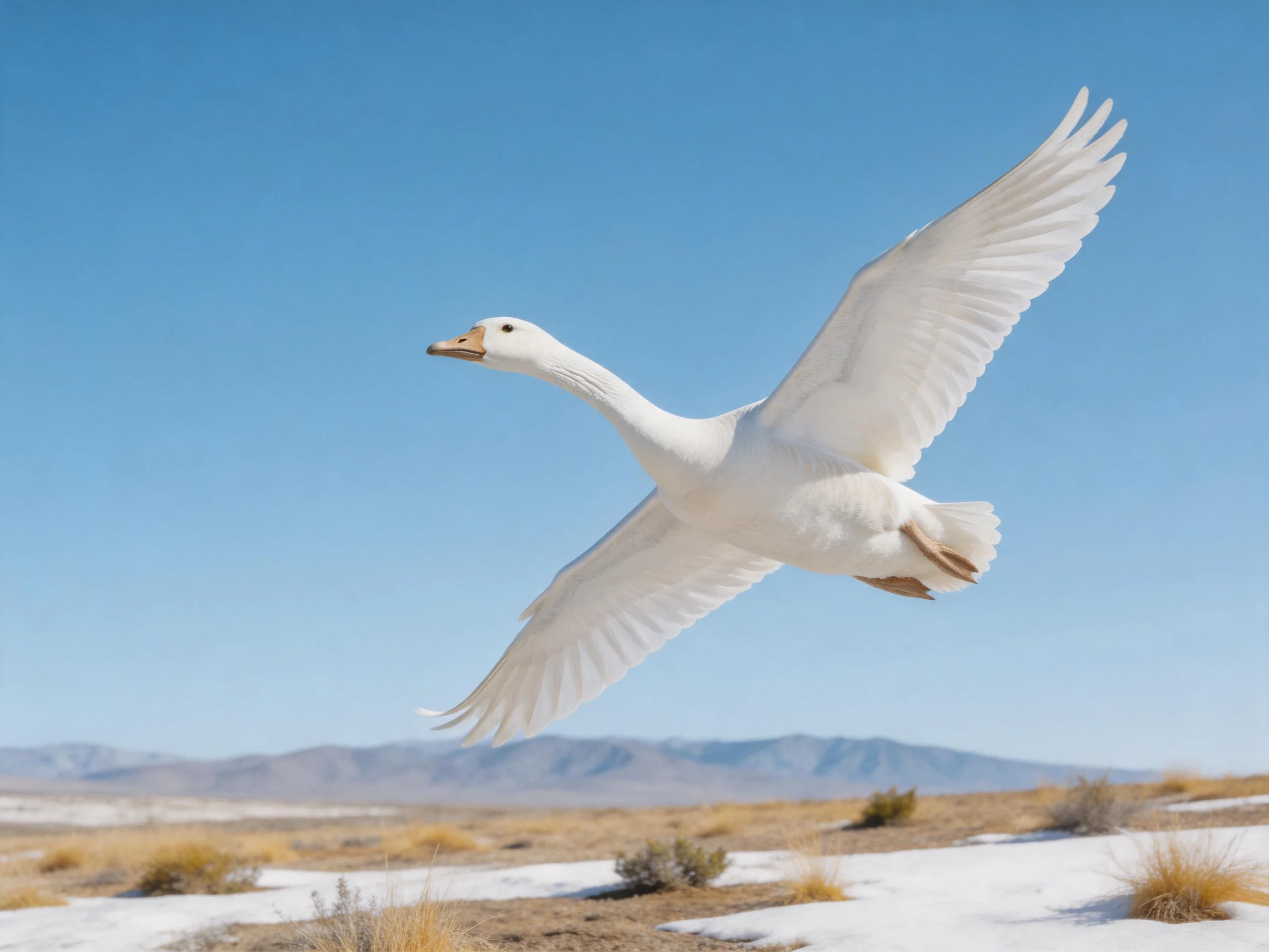 A white goose flies over a snowy, arid landscape with distant mountains