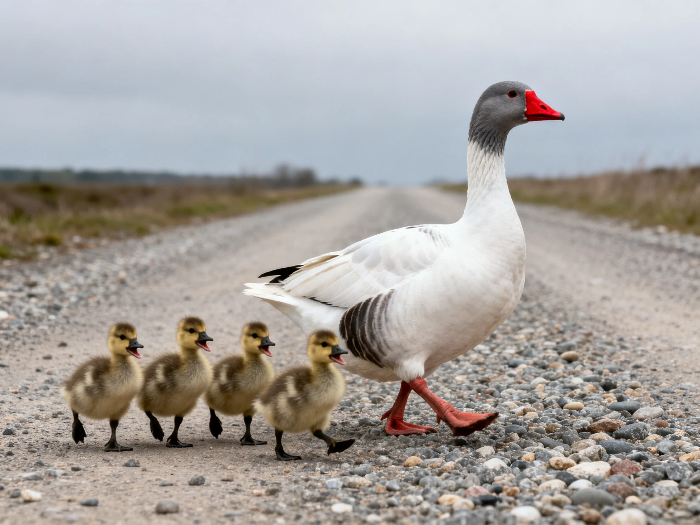 A white goose leads four ducklings across a gravel road