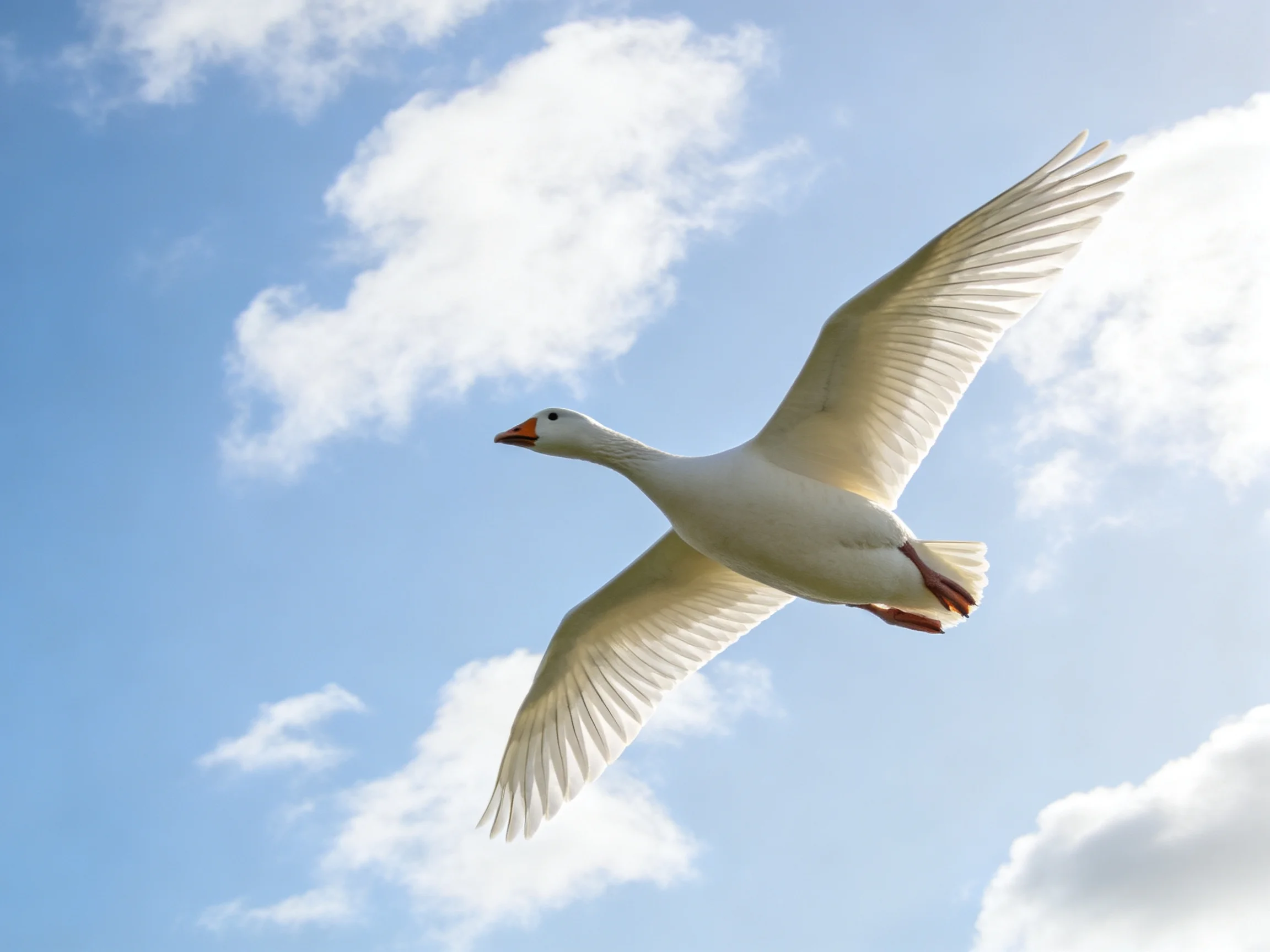 A white goose soaring through a bright blue sky with scattered clouds