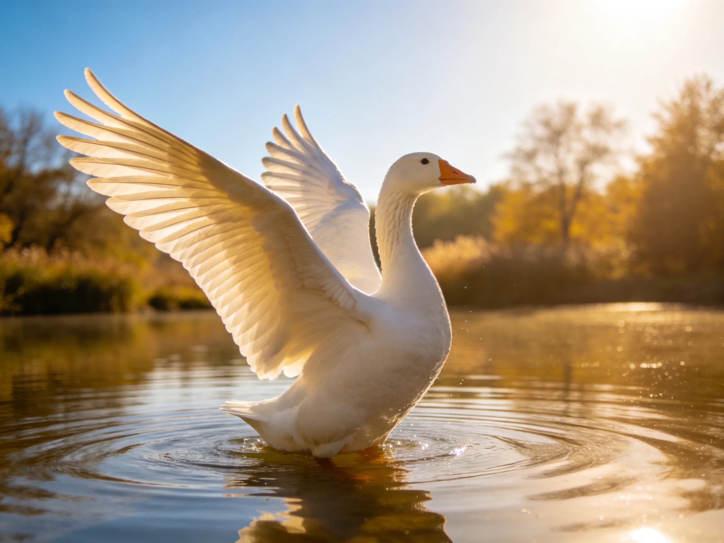A white goose spreads wings in golden sunlight over calm water