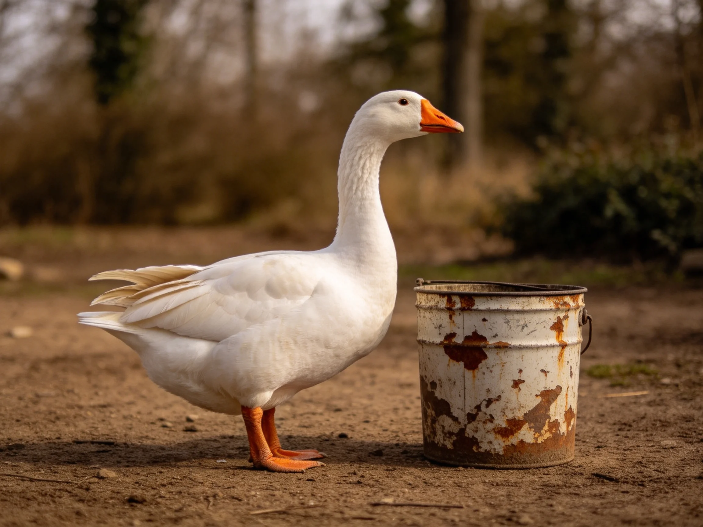 A white goose stands beside a weathered metal bucket outdoors