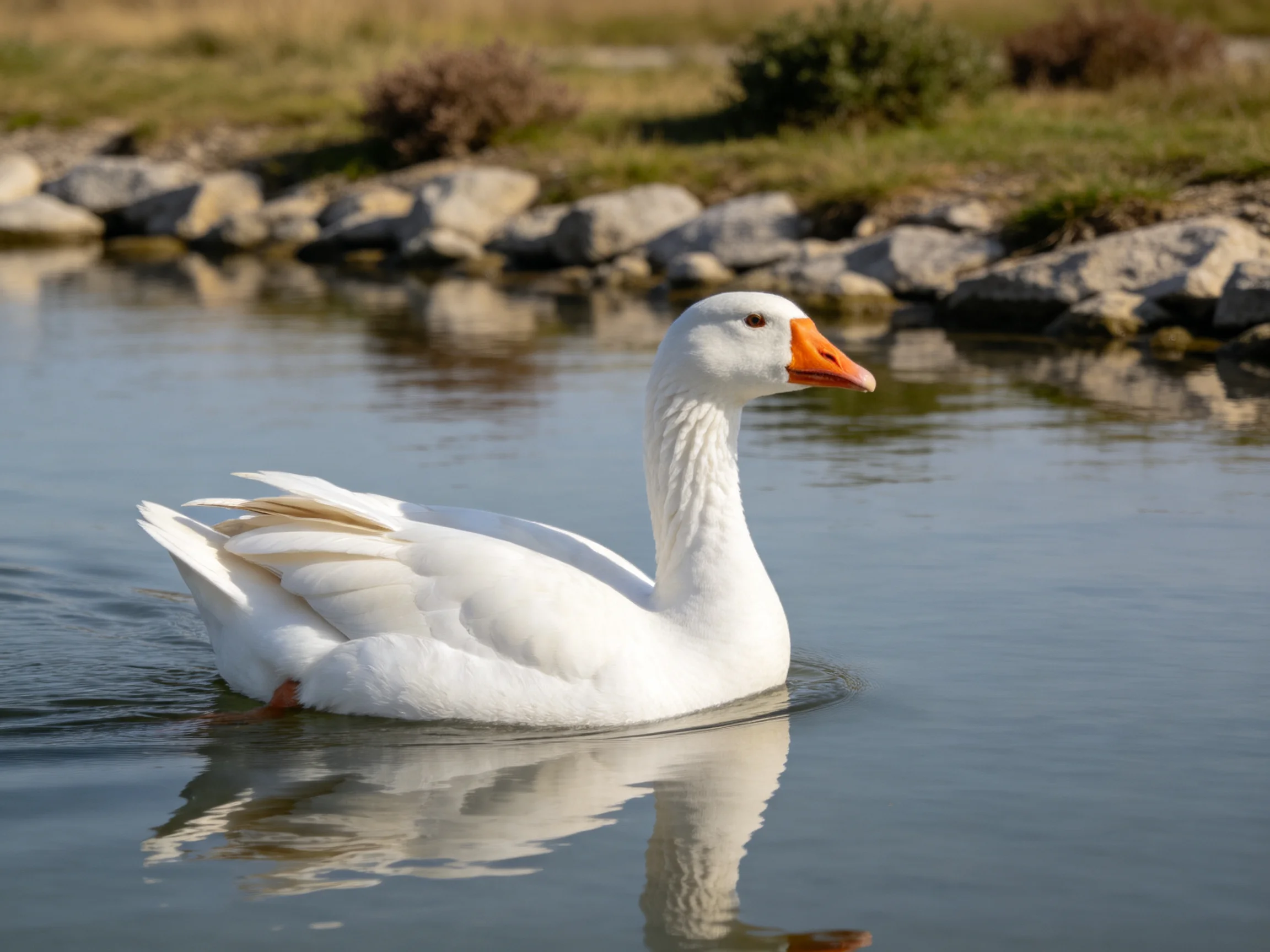 A white goose swims in calm water near rocky shore