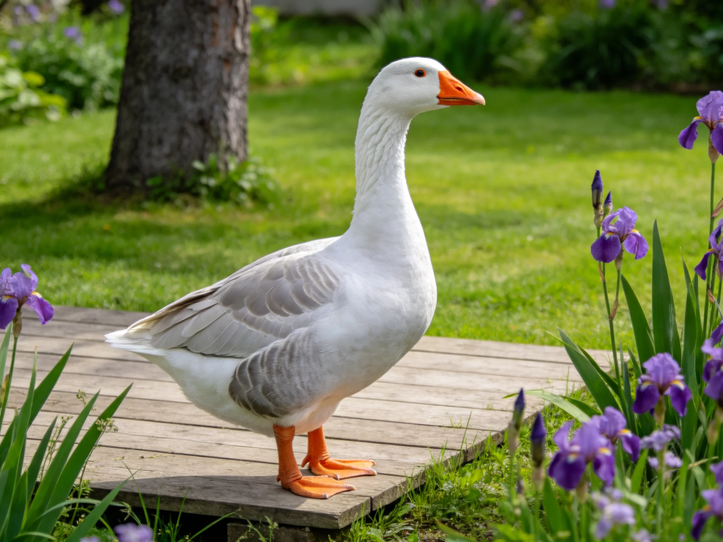 A white goose with an orange beak stands on a wooden platform near purple irises