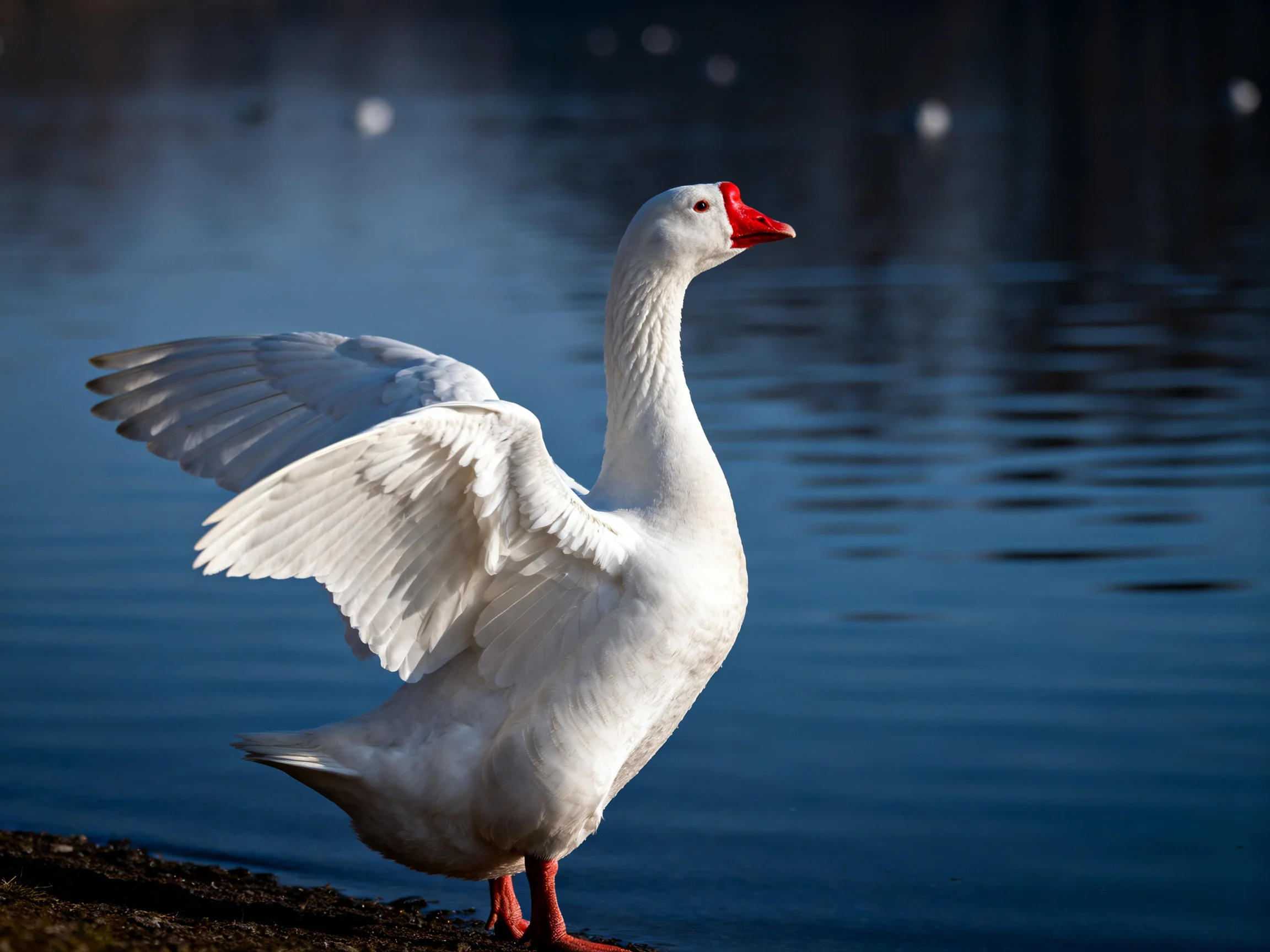 A white goose with outstretched wings by calm blue waters