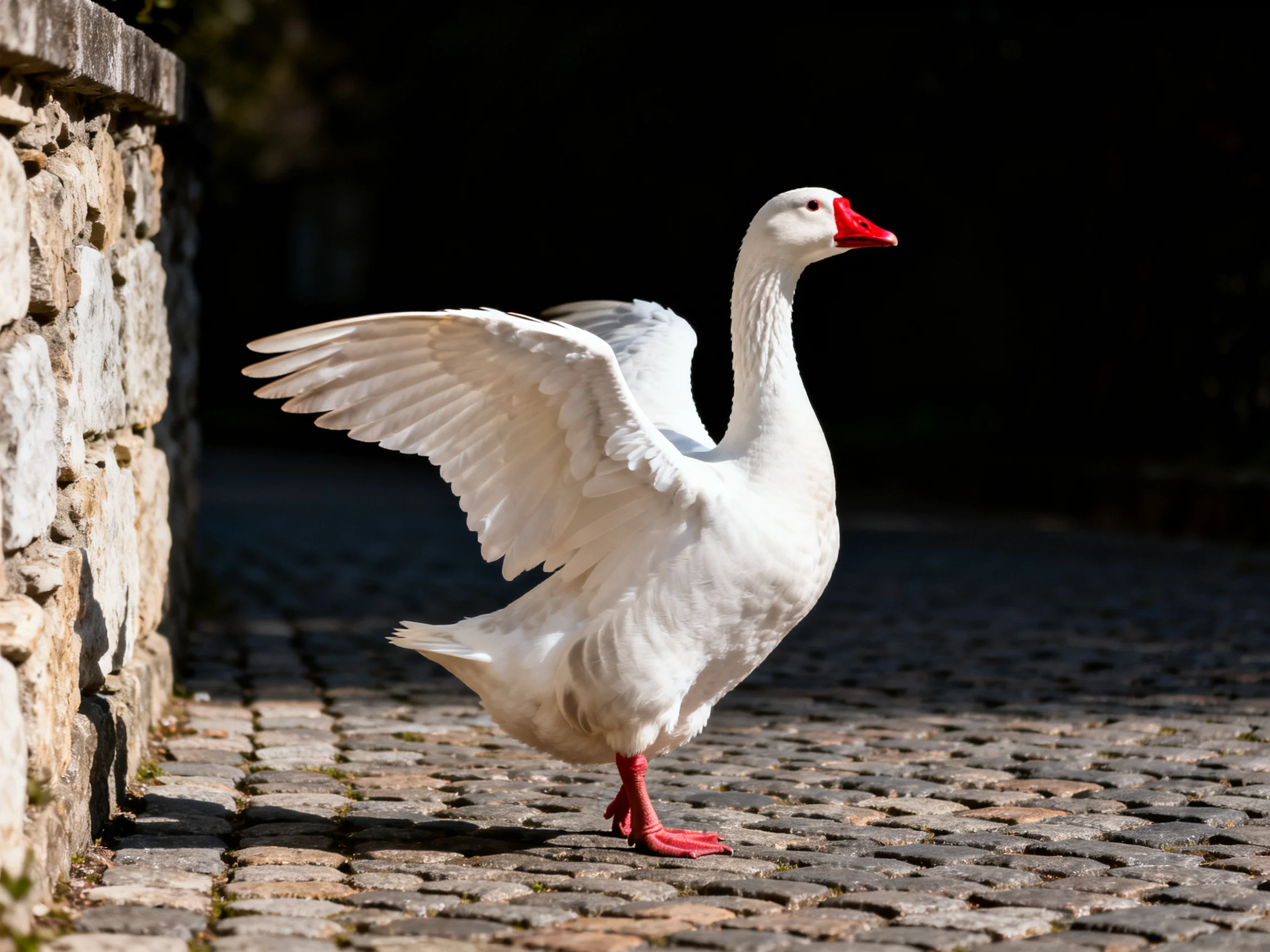 A white goose with red beak spreads wings near a stone wall