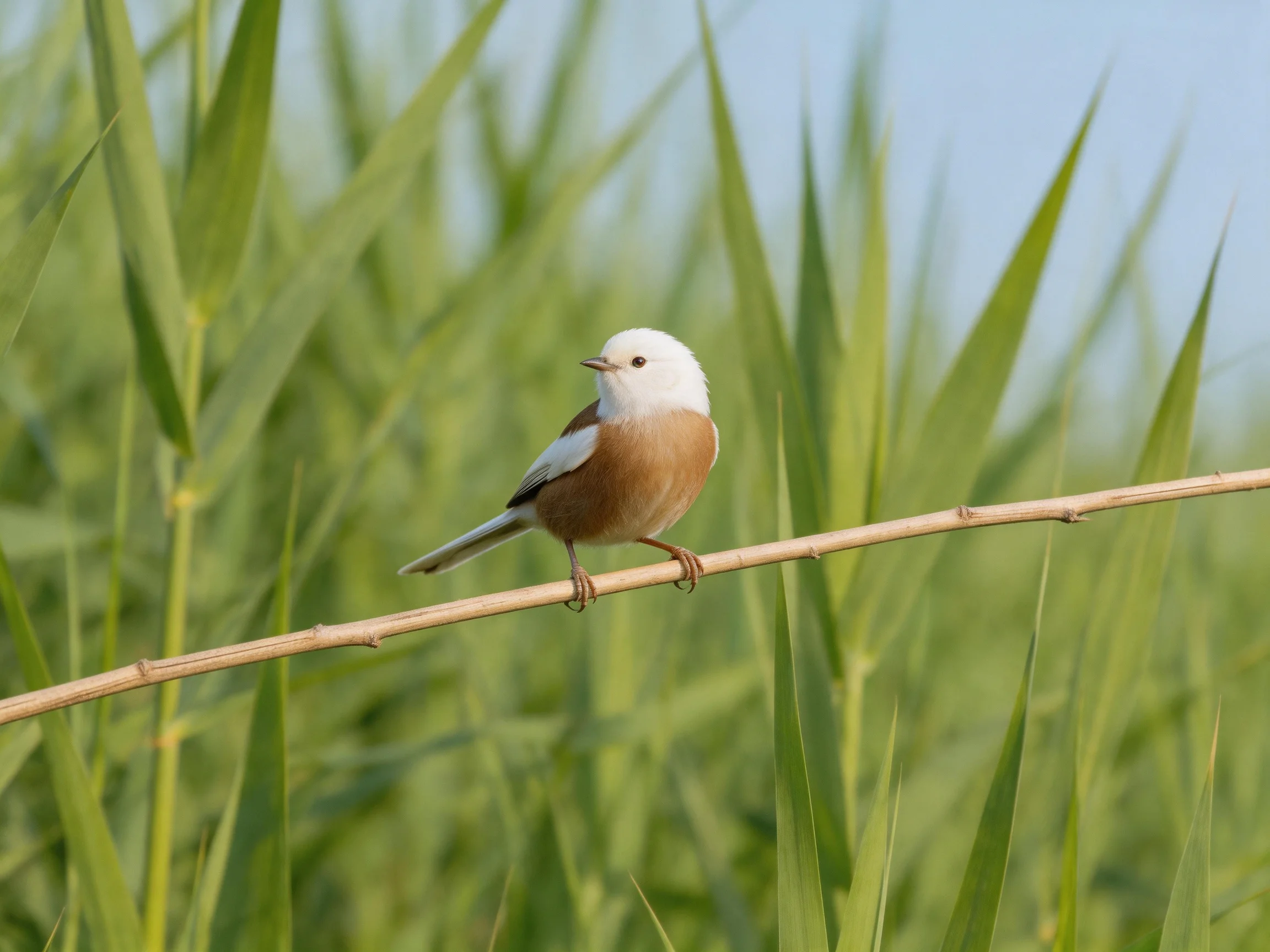 A white-headed bird perches on a thin branch amid tall green reeds