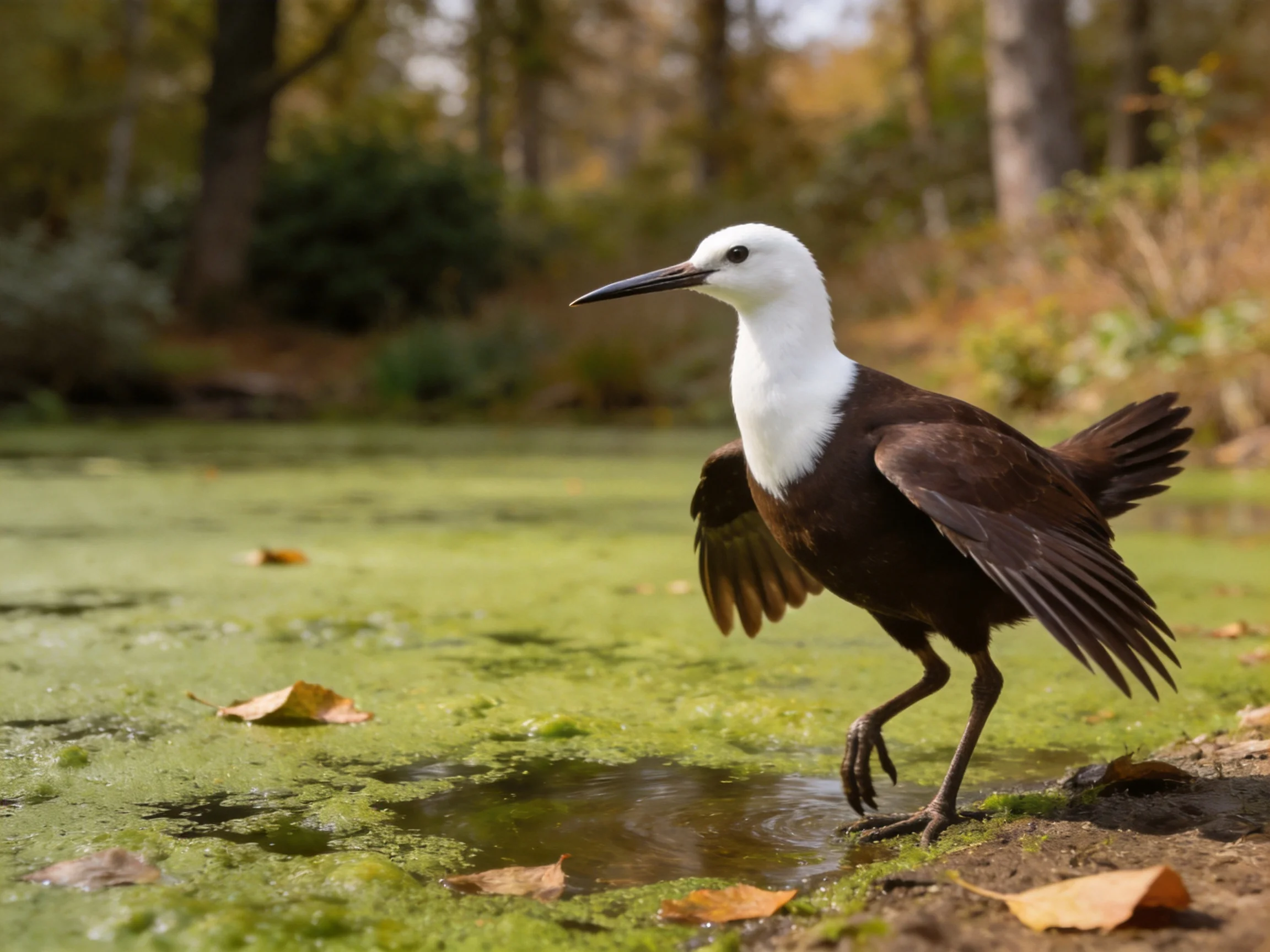 A white-headed bird stands by an algae-covered wetland