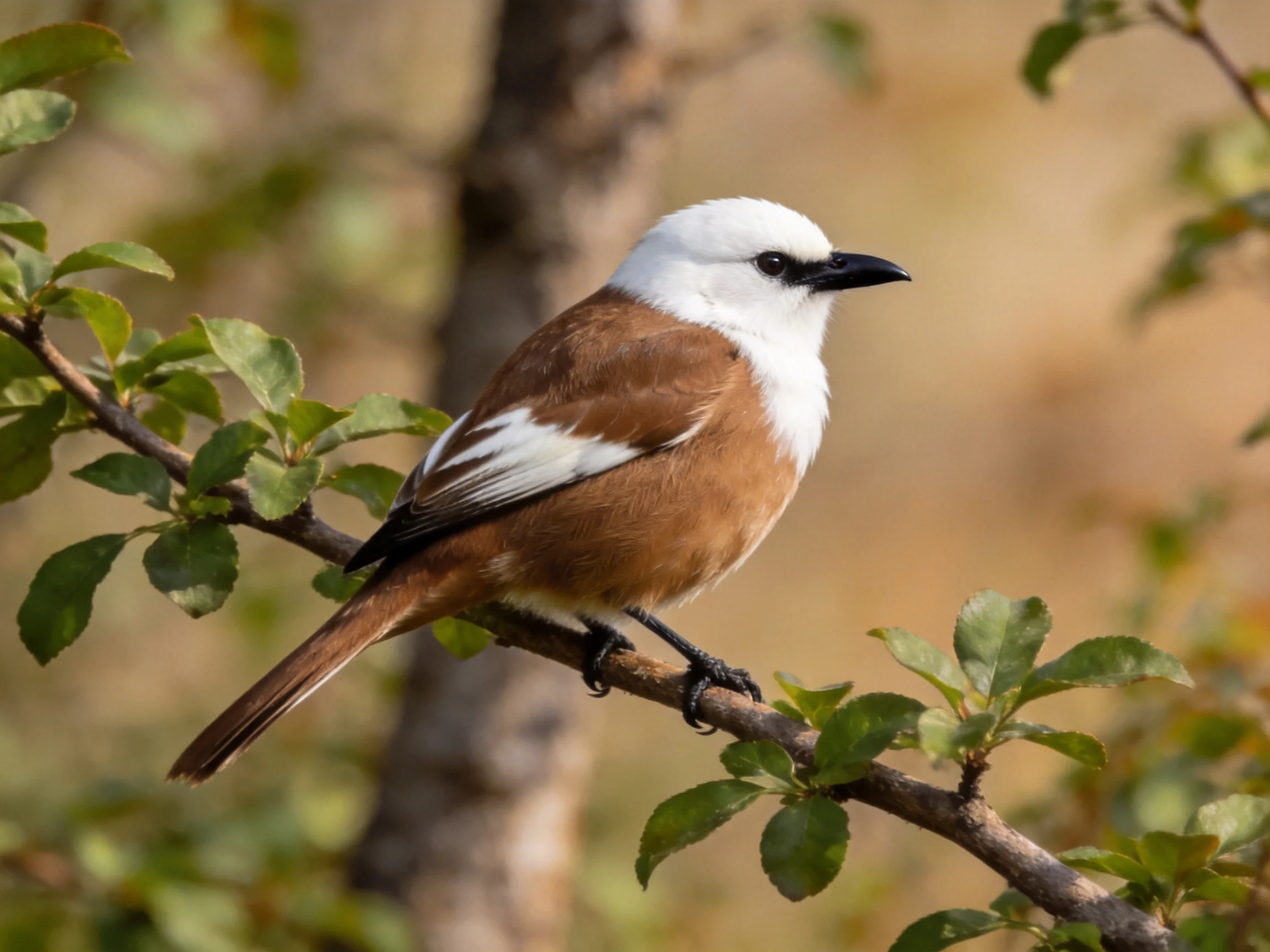 A white-headed bird with brown plumage perches on a leafy branch