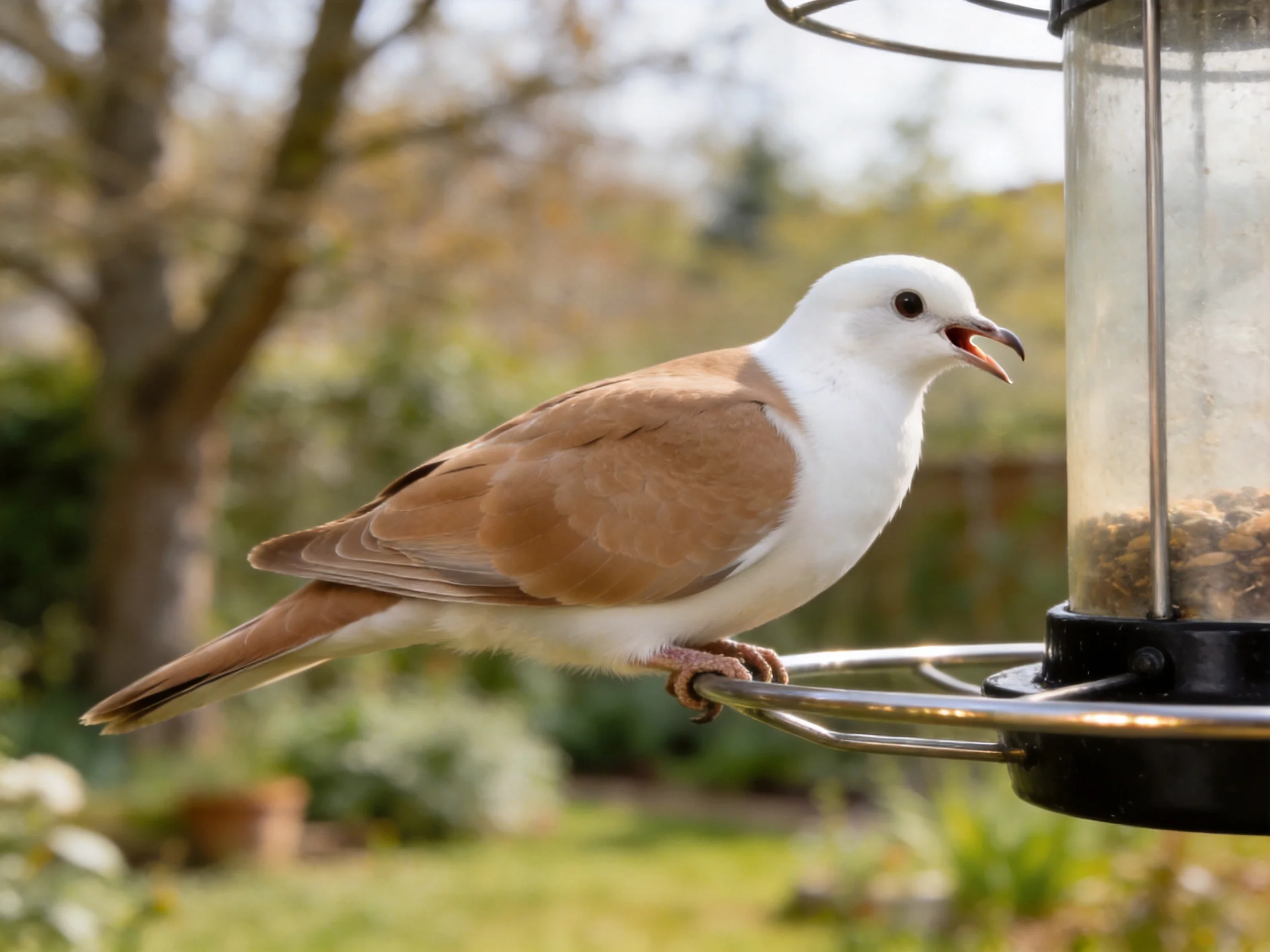 A white-headed bird with brown wings perches on a bird feeder.