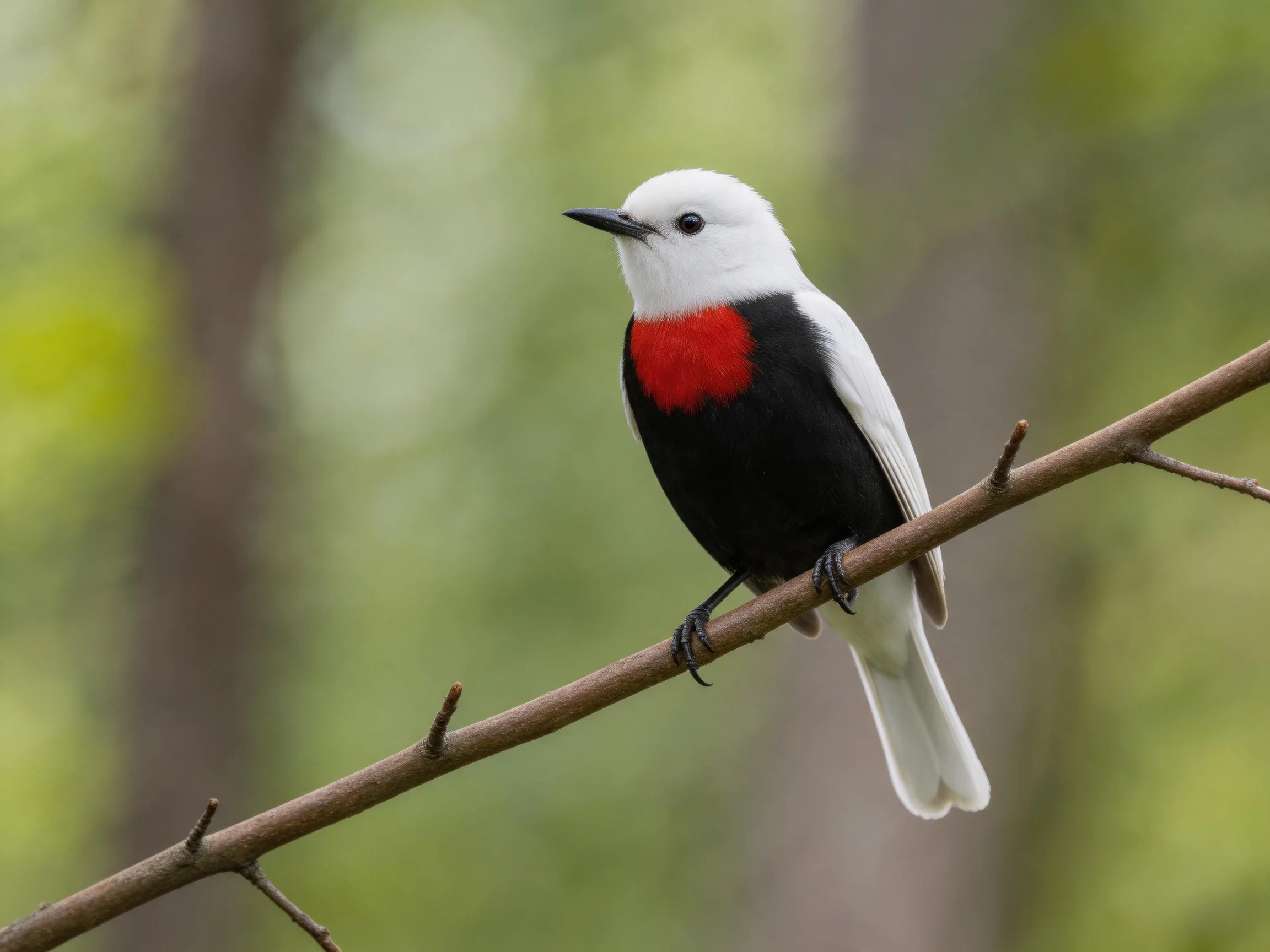 A white-headed, black-bodied bird with red chest perches on a thin branch.