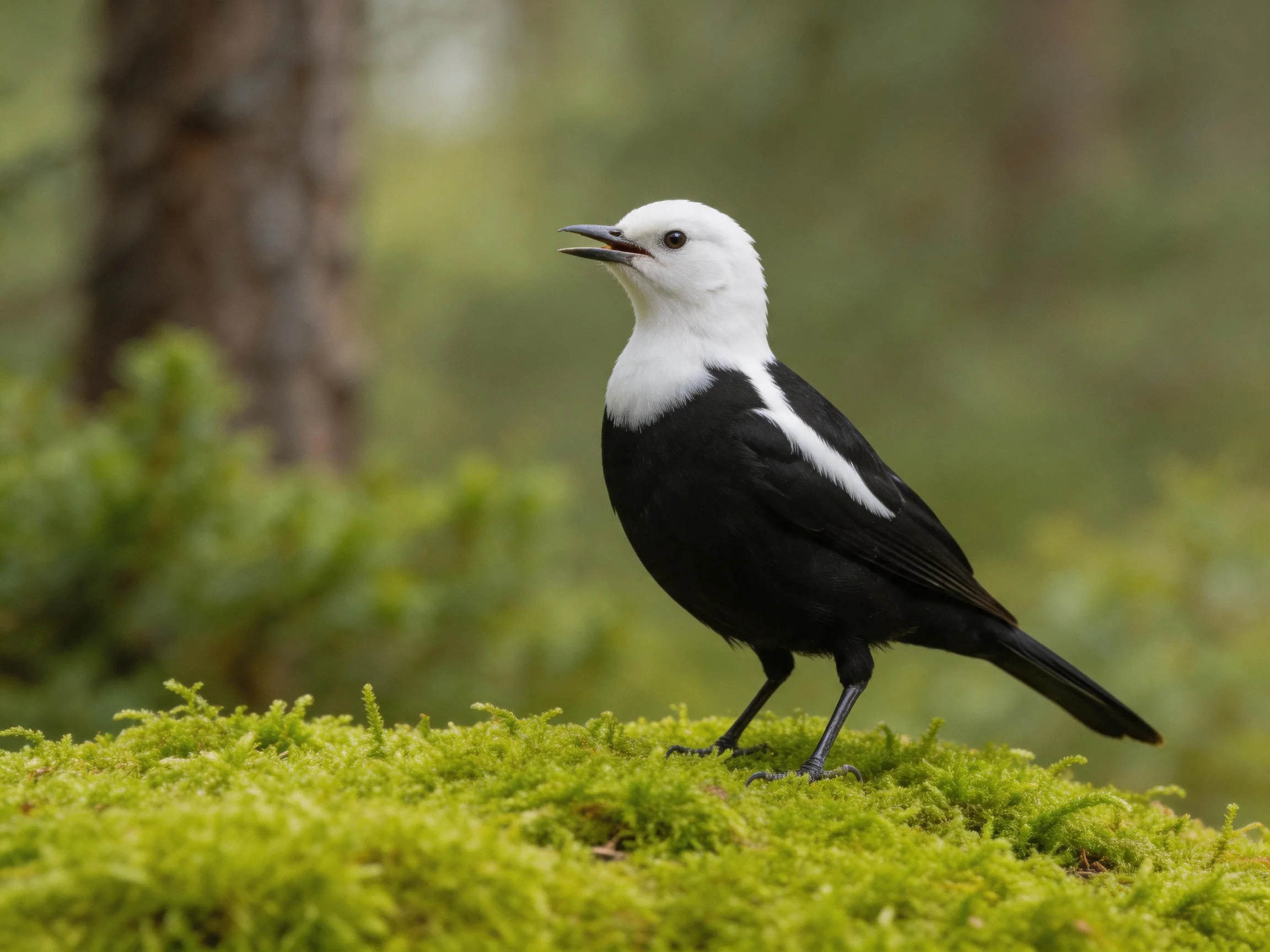 A white-headed blackbird perches on bright green moss in a forest