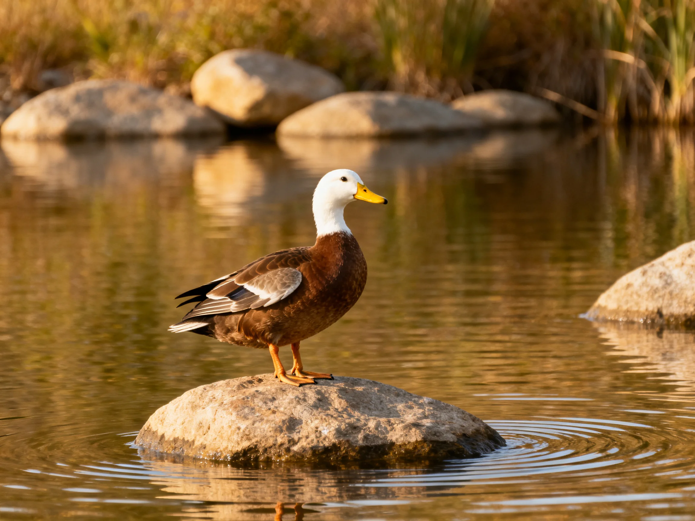 A white-headed duck perched on a smooth stone amid calm waters