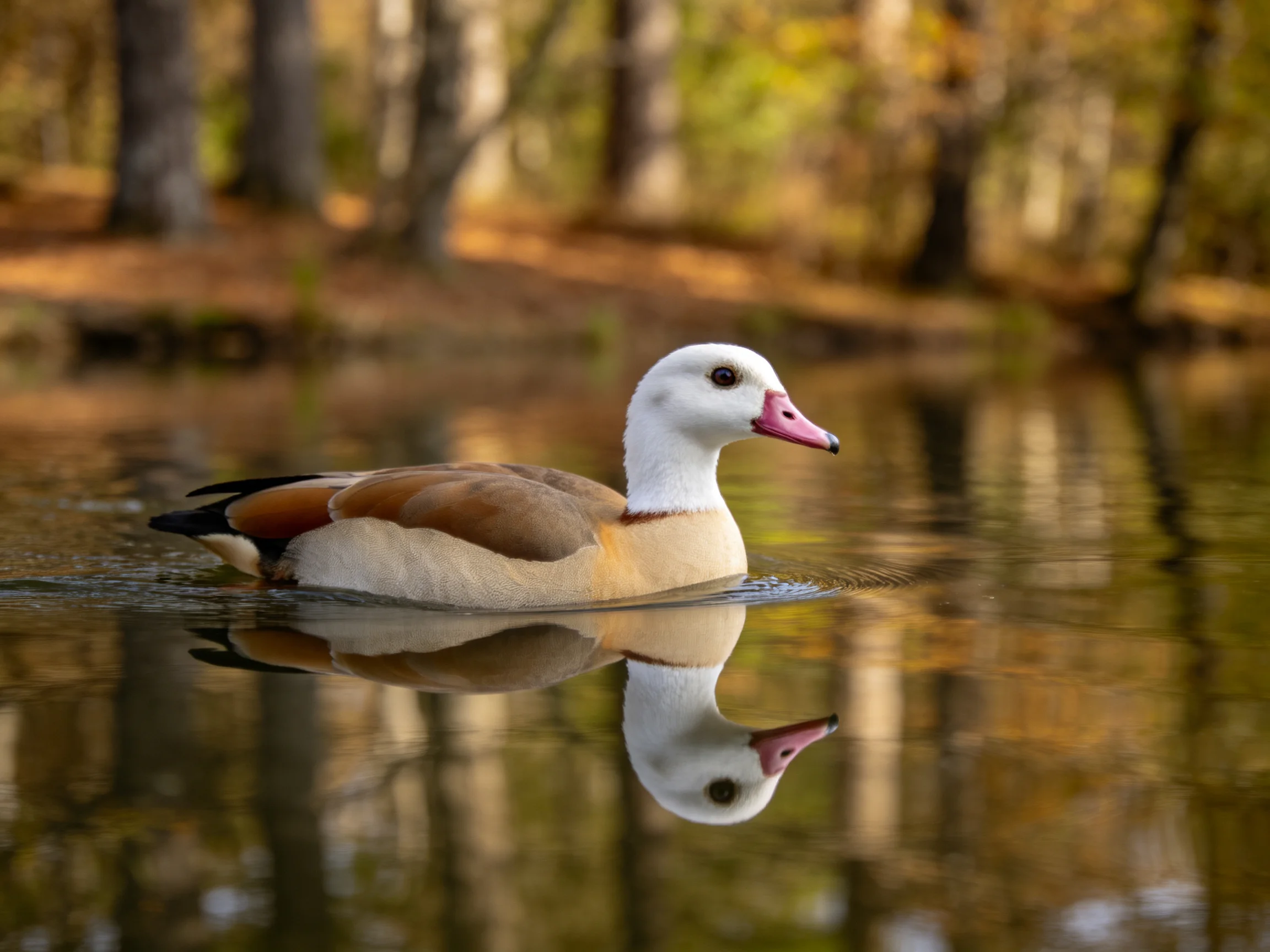 A white-headed duck swims in calm autumnal waters near forested trees