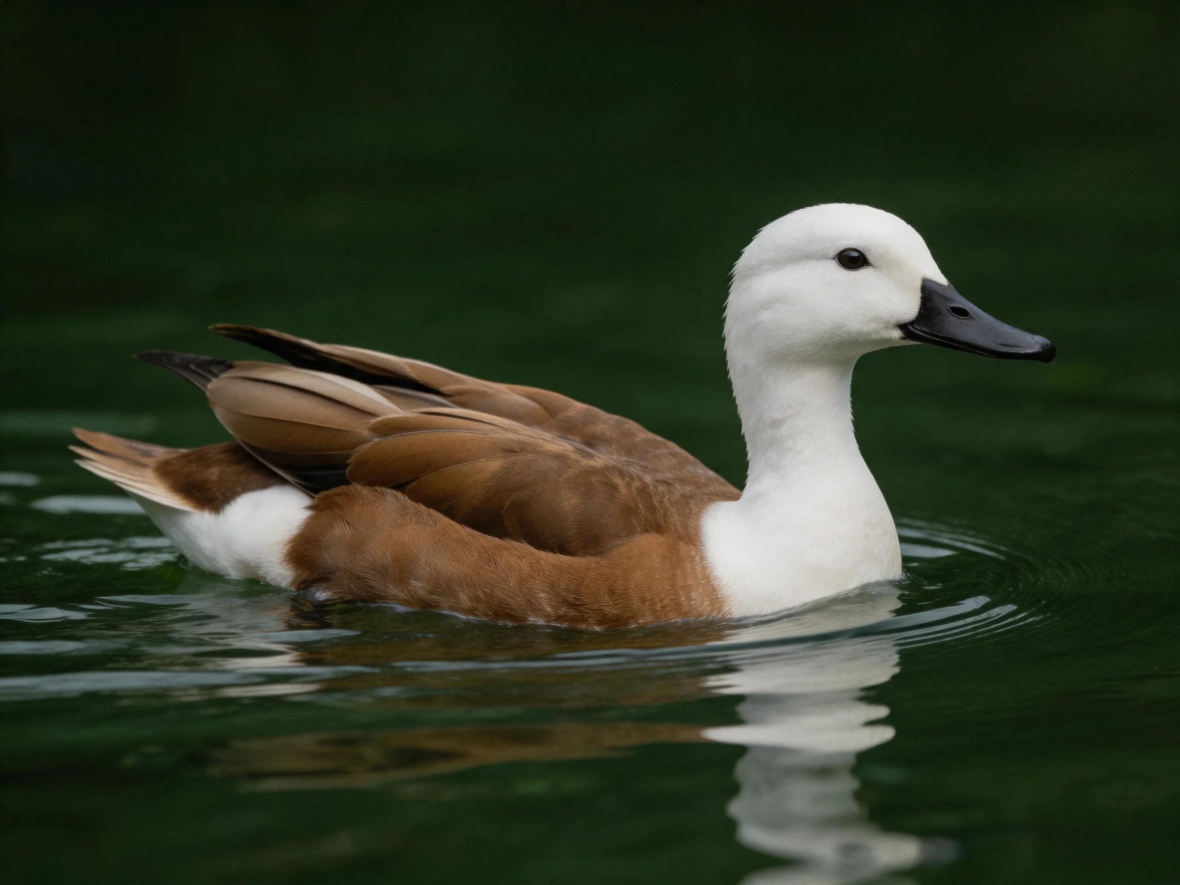 A white-headed duck swims in calm green water