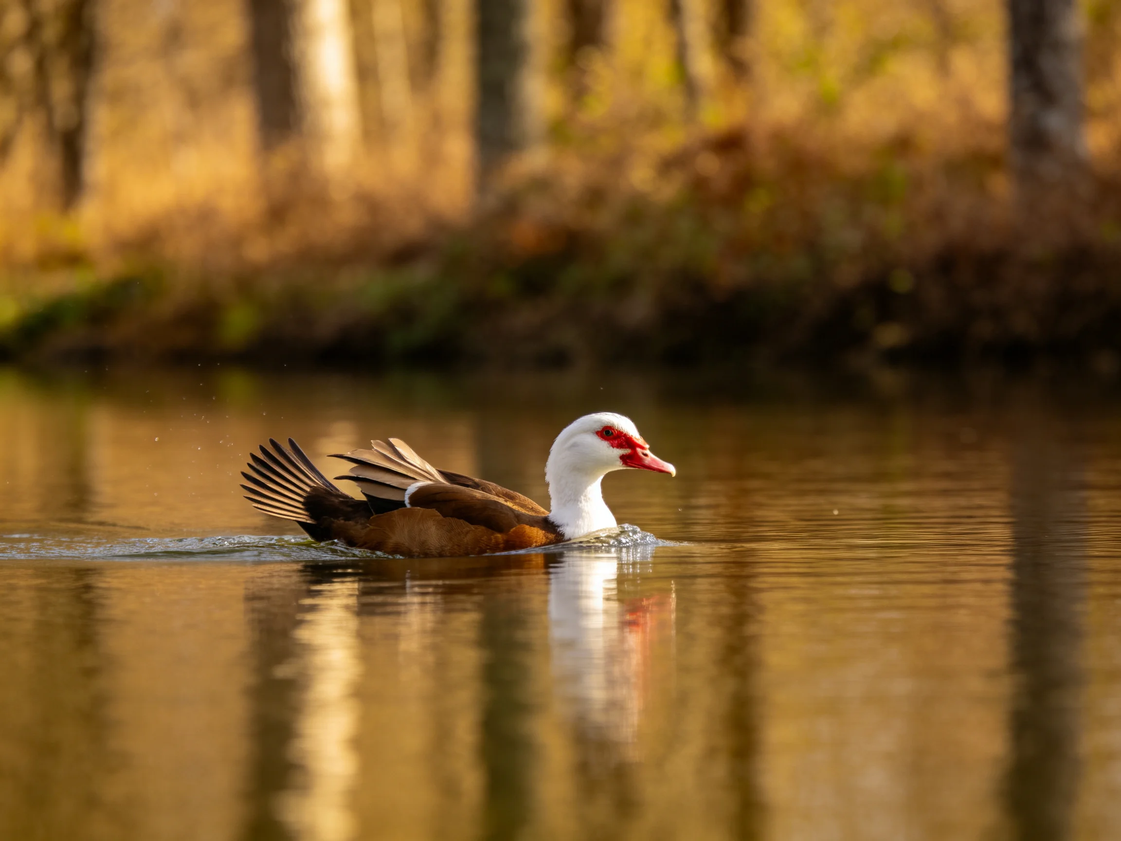 A white-headed duck swims in golden-hued water near trees