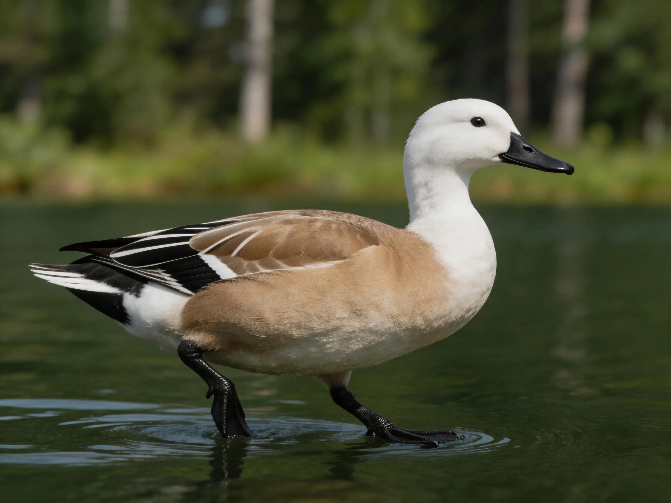 A white-headed duck with brown and black plumage wades in shallow water