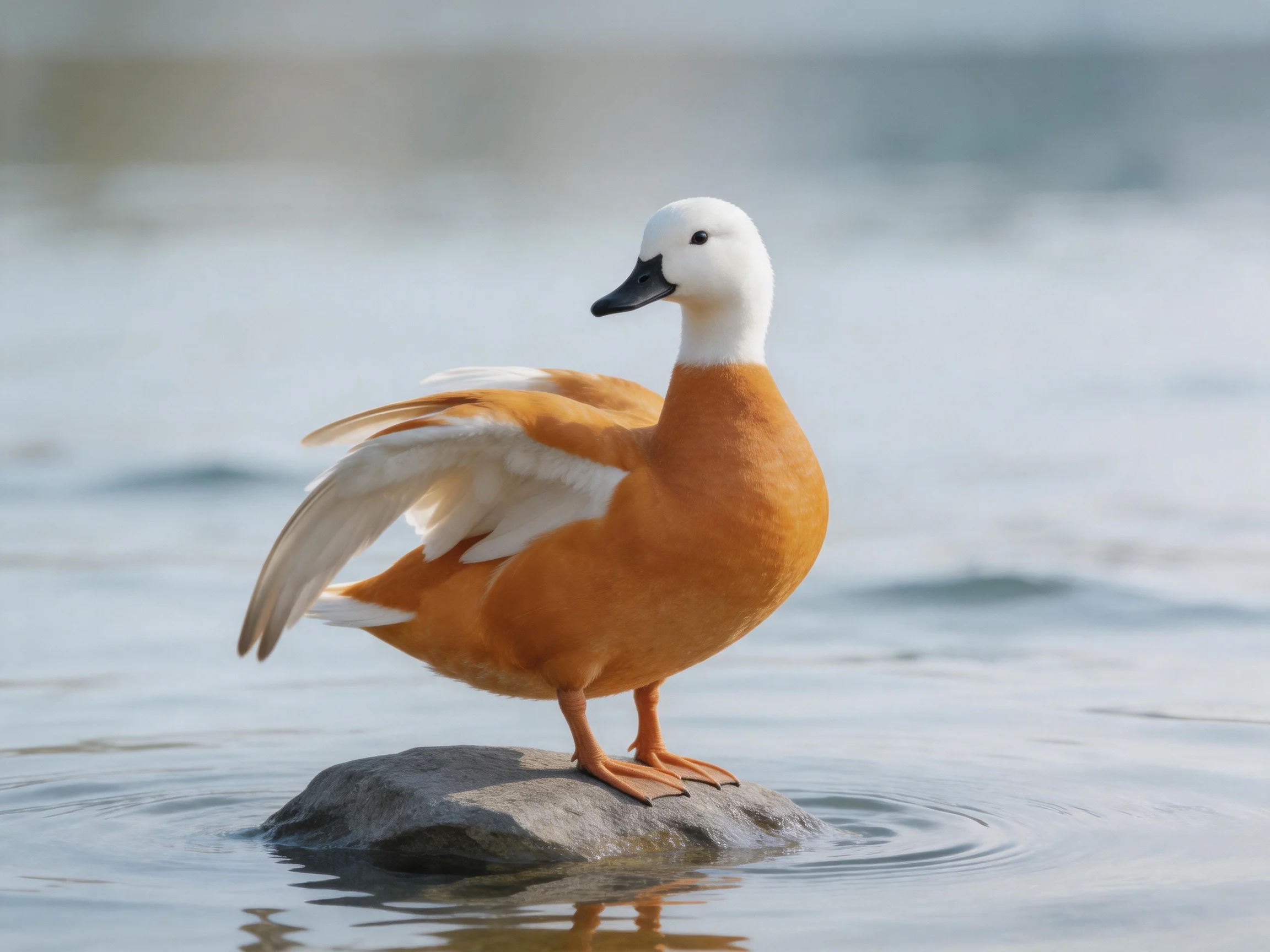 A white-headed duck with orange plumage perched on a rock