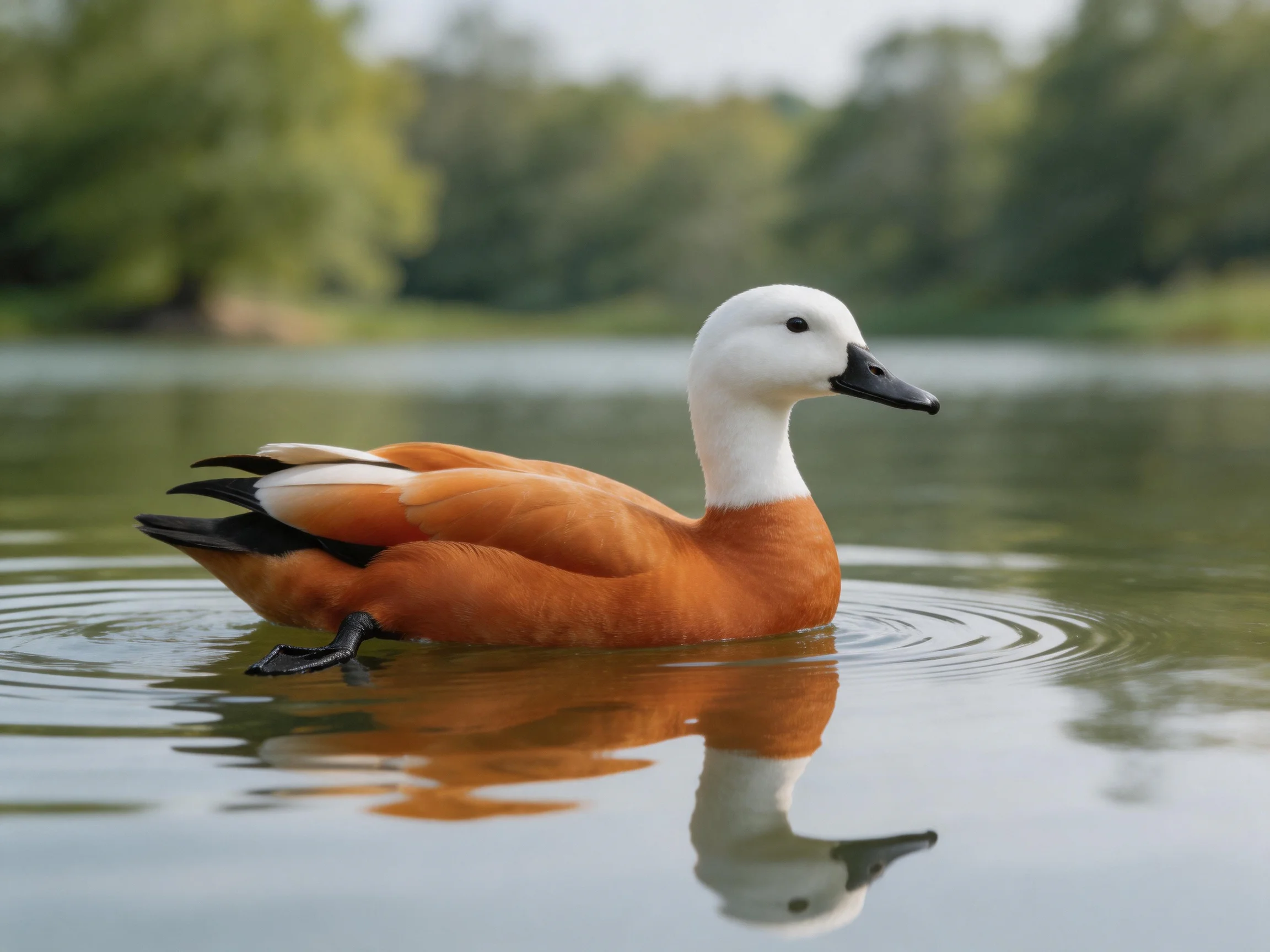 A white-headed duck with orange plumage swims in calm water