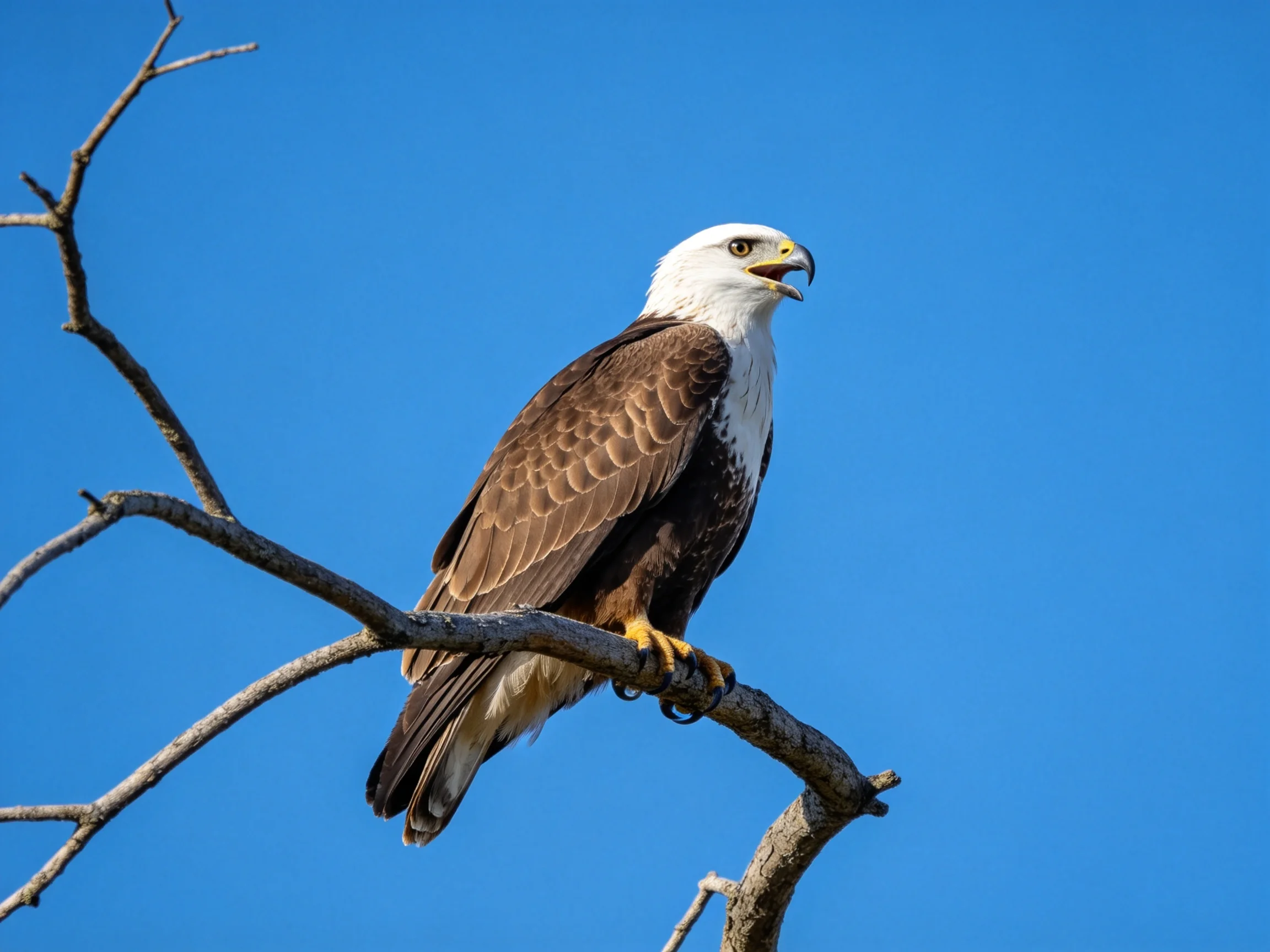 A white-headed eagle perched on a bare tree branch under bright blue sky