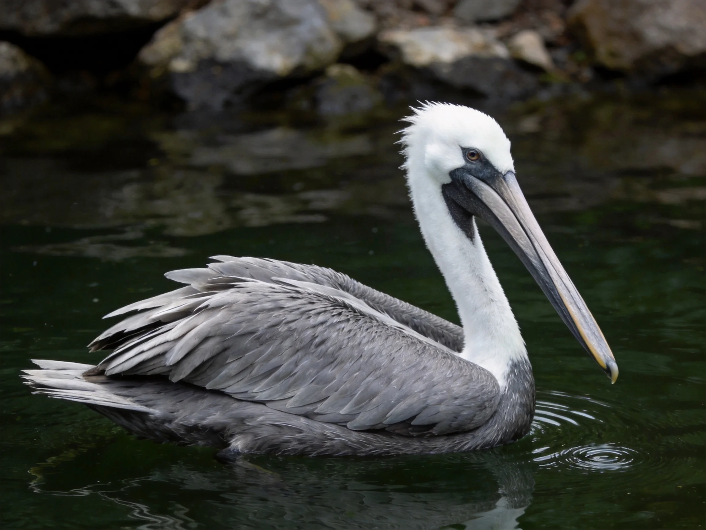 A white-headed pelican swims in dark green water near rocky formations
