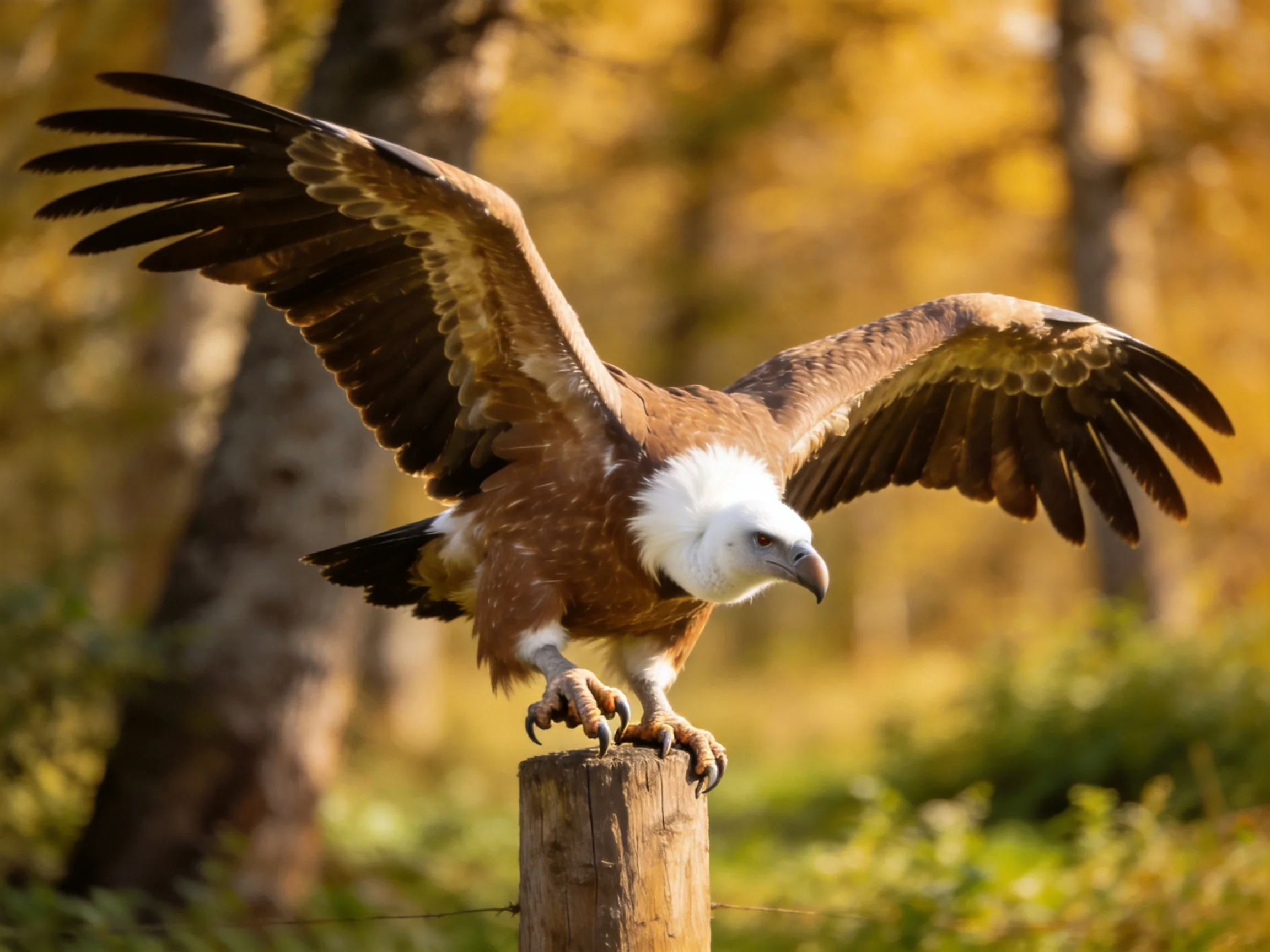 A white-headed raptor spreads wings on a wooden post