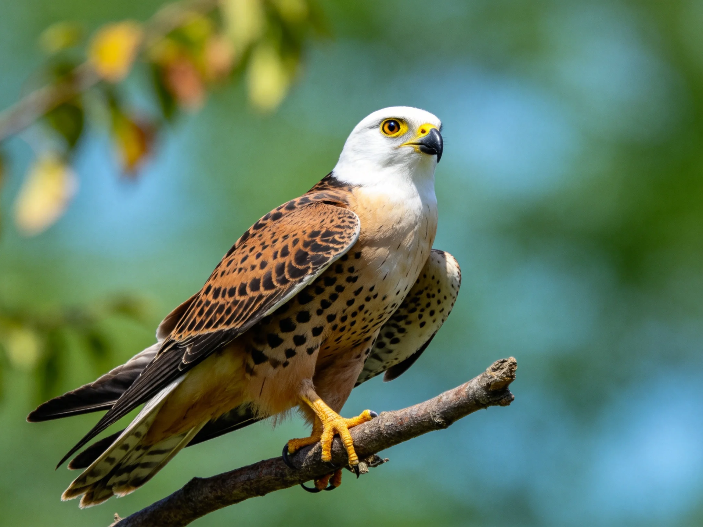 A white-headed raptor with brown spotted wings perched on a branch
