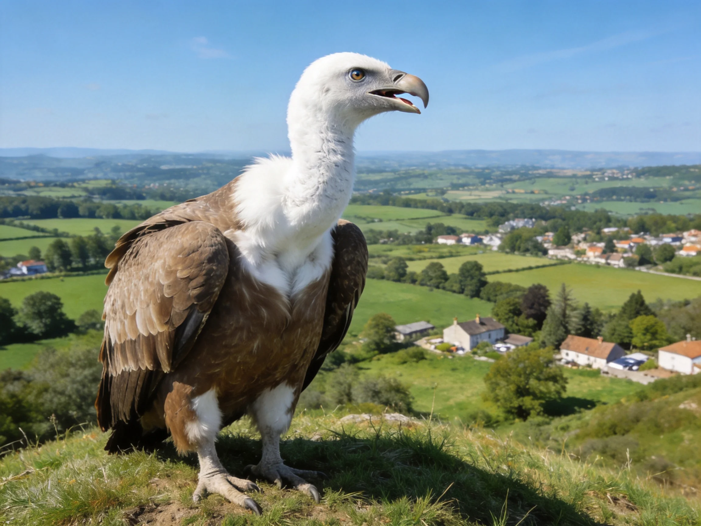 A white-headed vulture perched on a grassy hill overlooking farmland