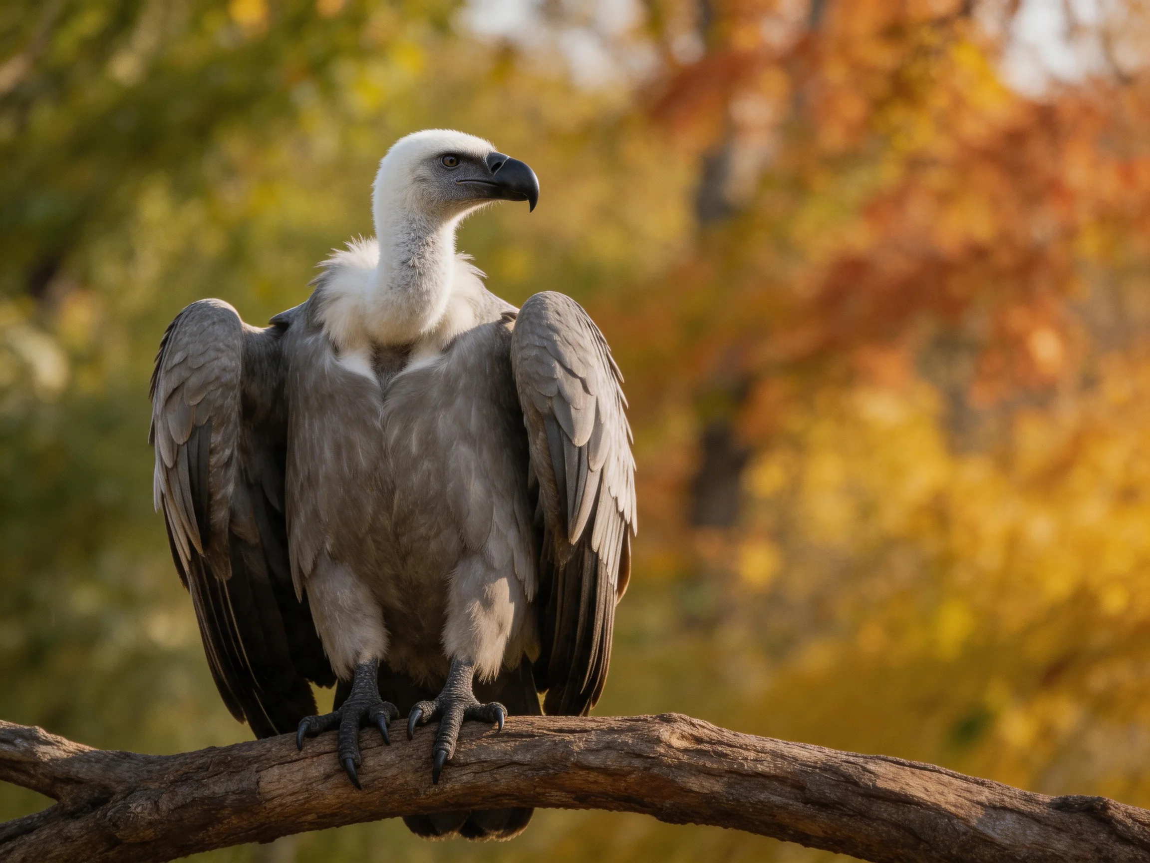 A white-headed vulture perches on a brown tree branch amid autumn foliage
