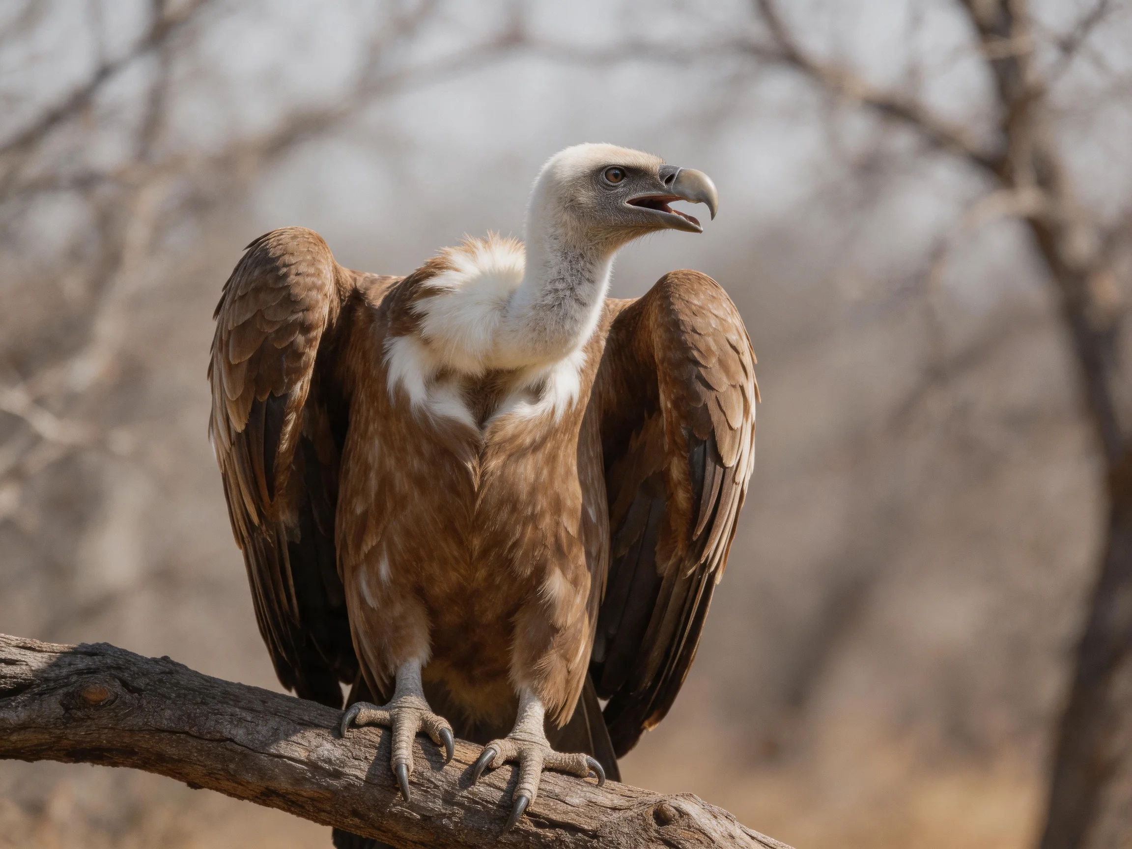 A white-headed vulture perches on a gnarled tree branch