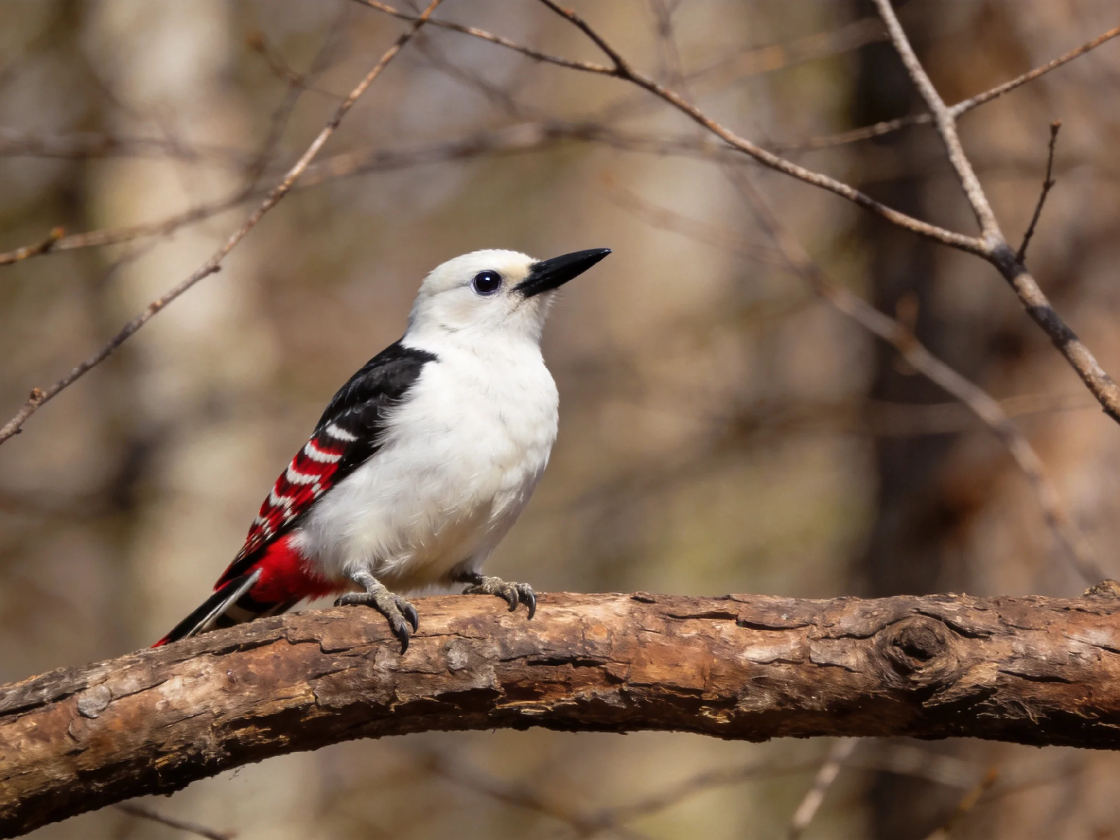 A white-headed woodpecker with black and red plumage perched on a brown tree branch