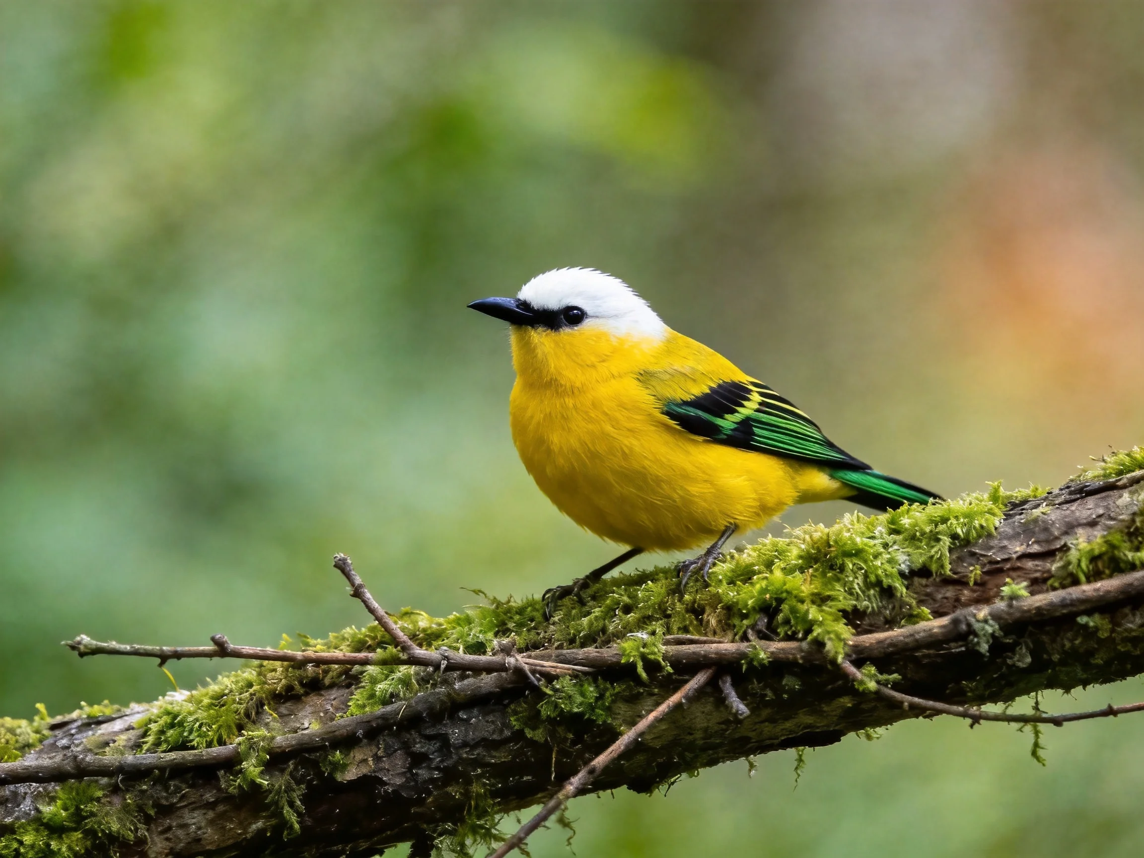 A white-headed yellow bird with green wings on a moss-covered branch