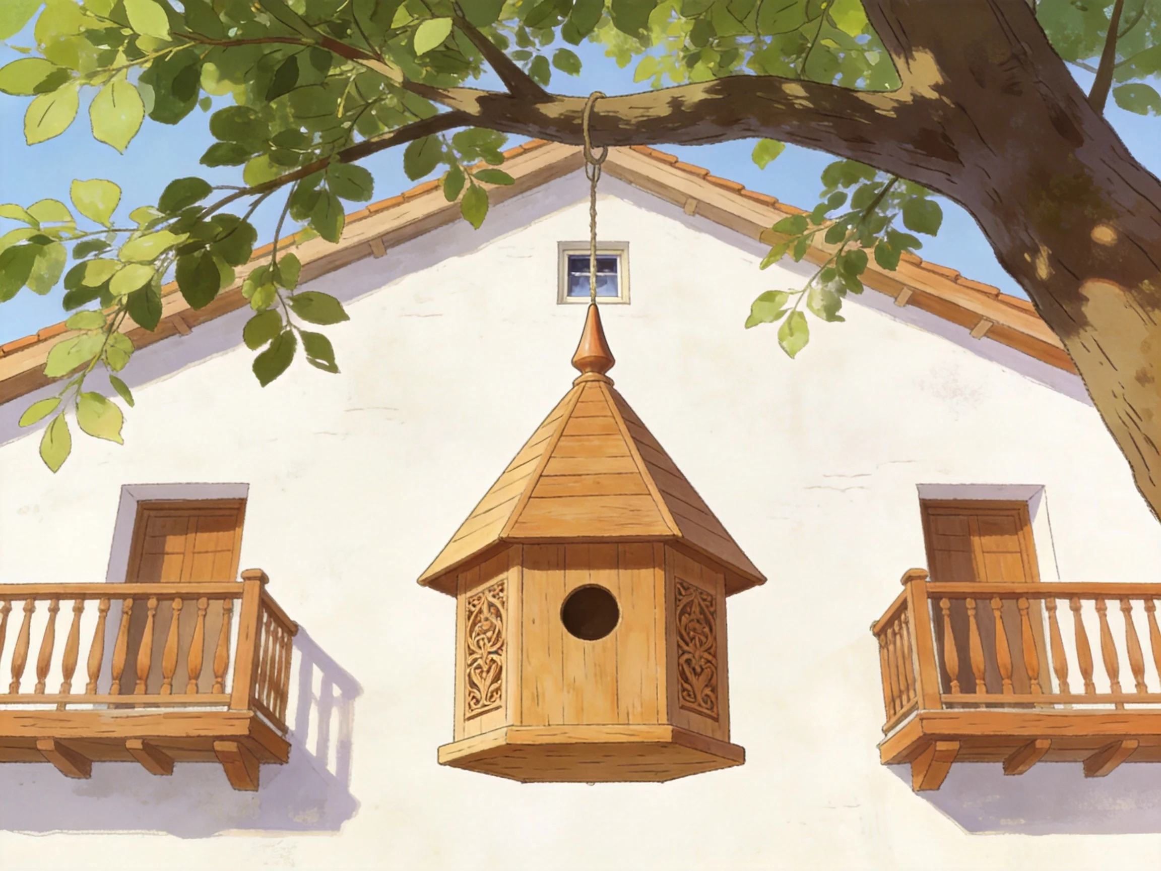 A white house with two wooden balconies has a wooden birdhouse hanging from a tree