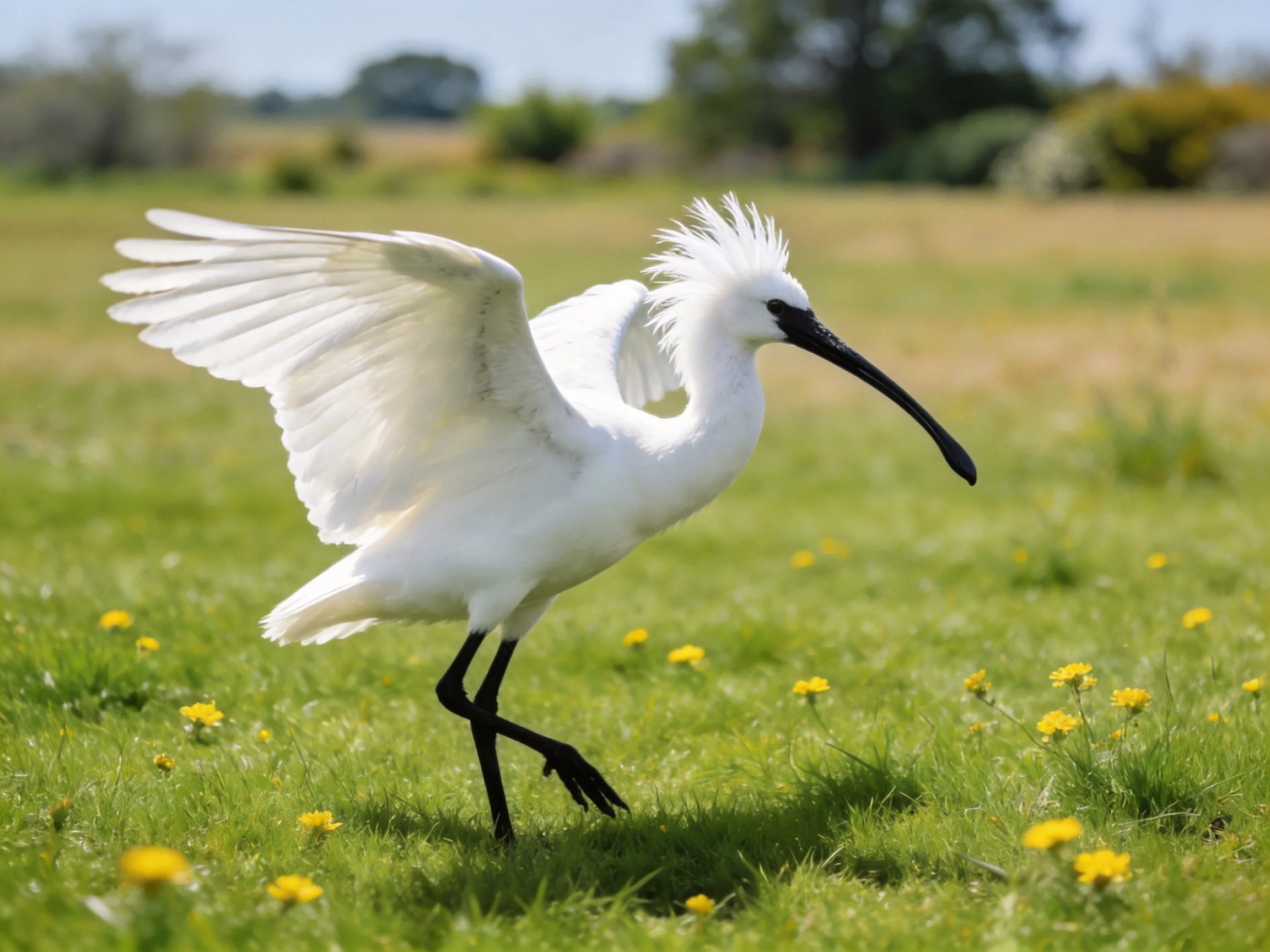 A white ibis spreads wings on a grassy field with yellow flowers
