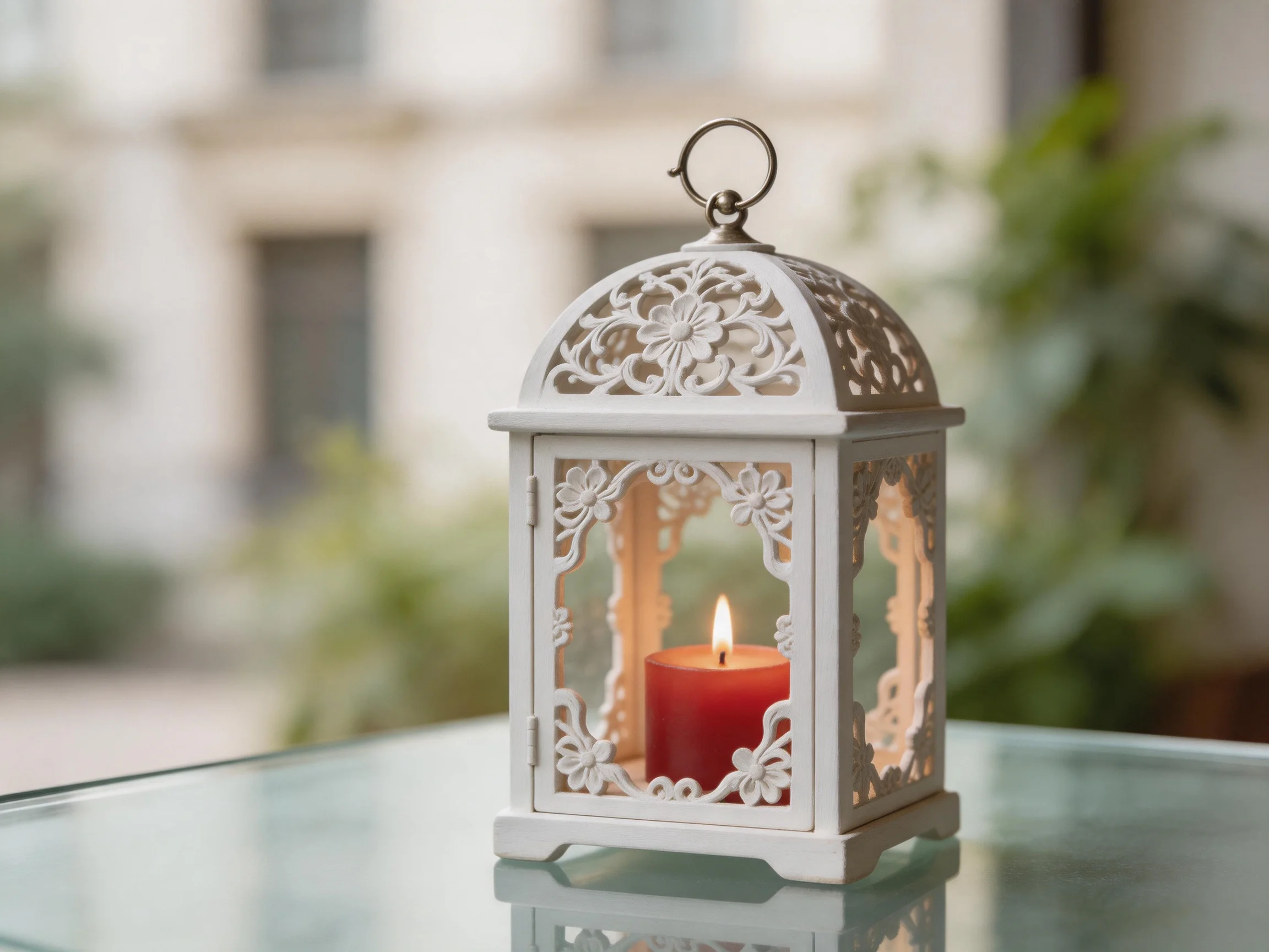 A white intricately designed lantern holds a red candle on a glass table