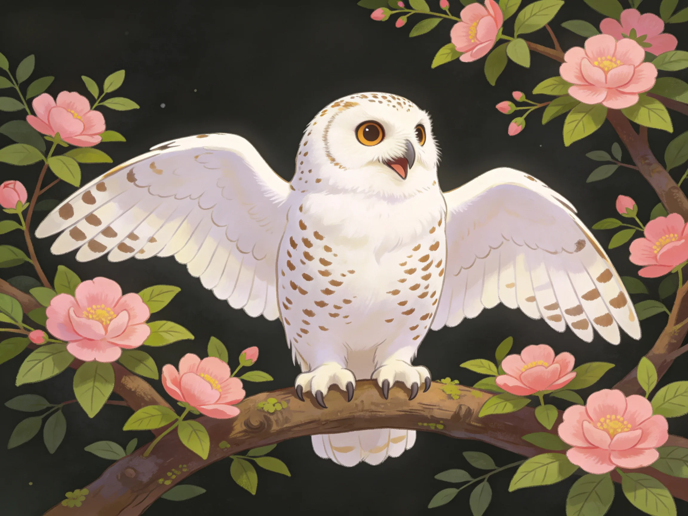 A white owl spreads wings on a branch with pink blossoms