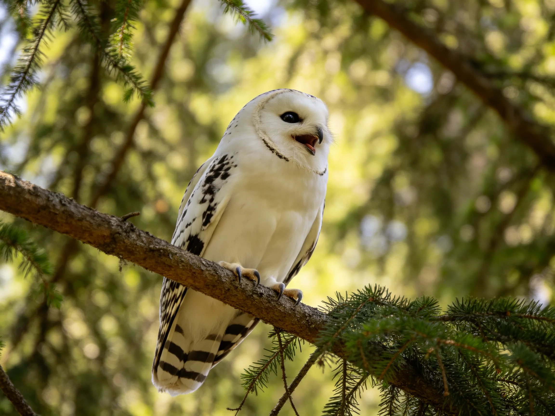 A white owl with black markings perches on a pine branch