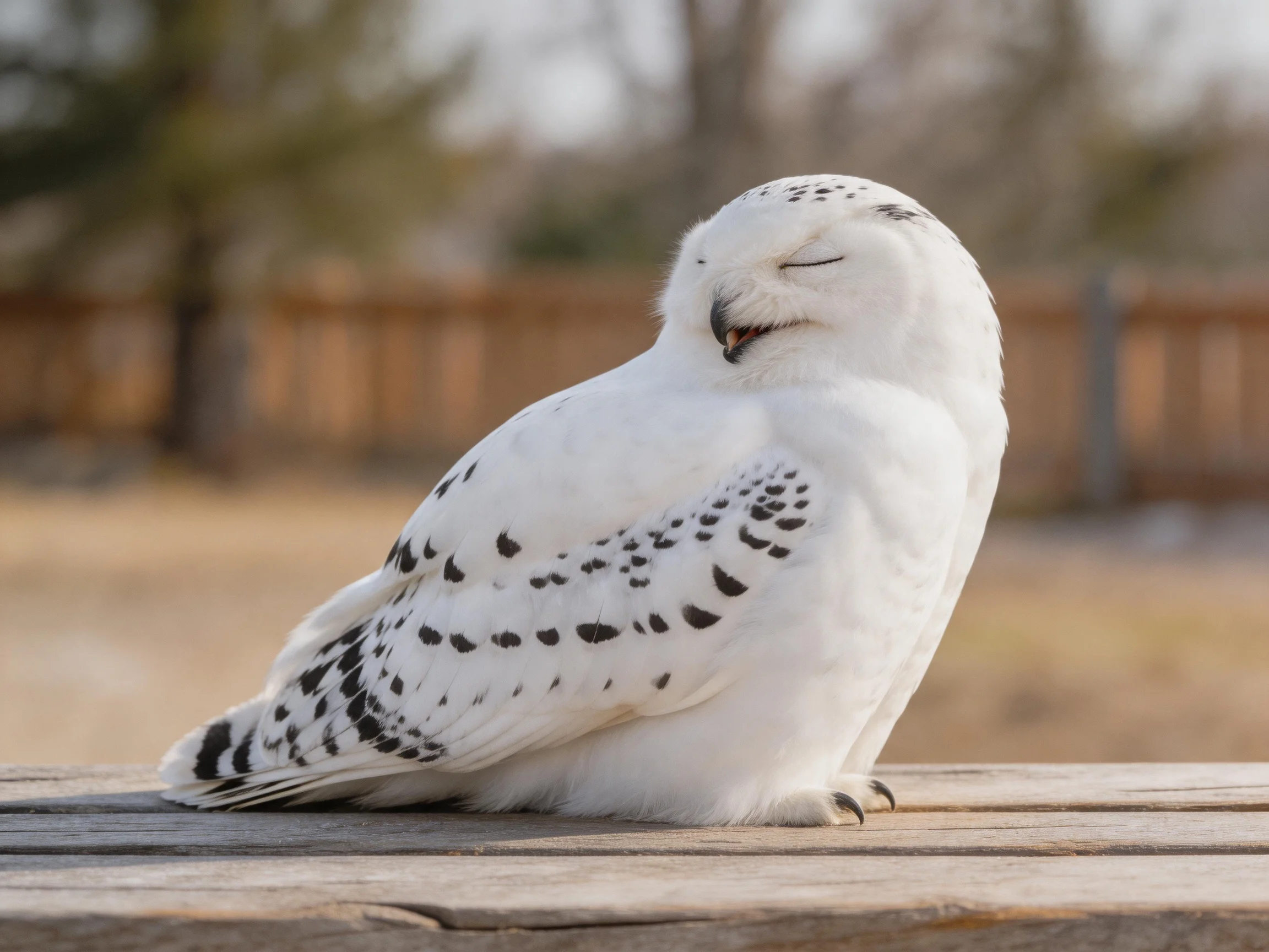 A white owl with black spots resting on wood