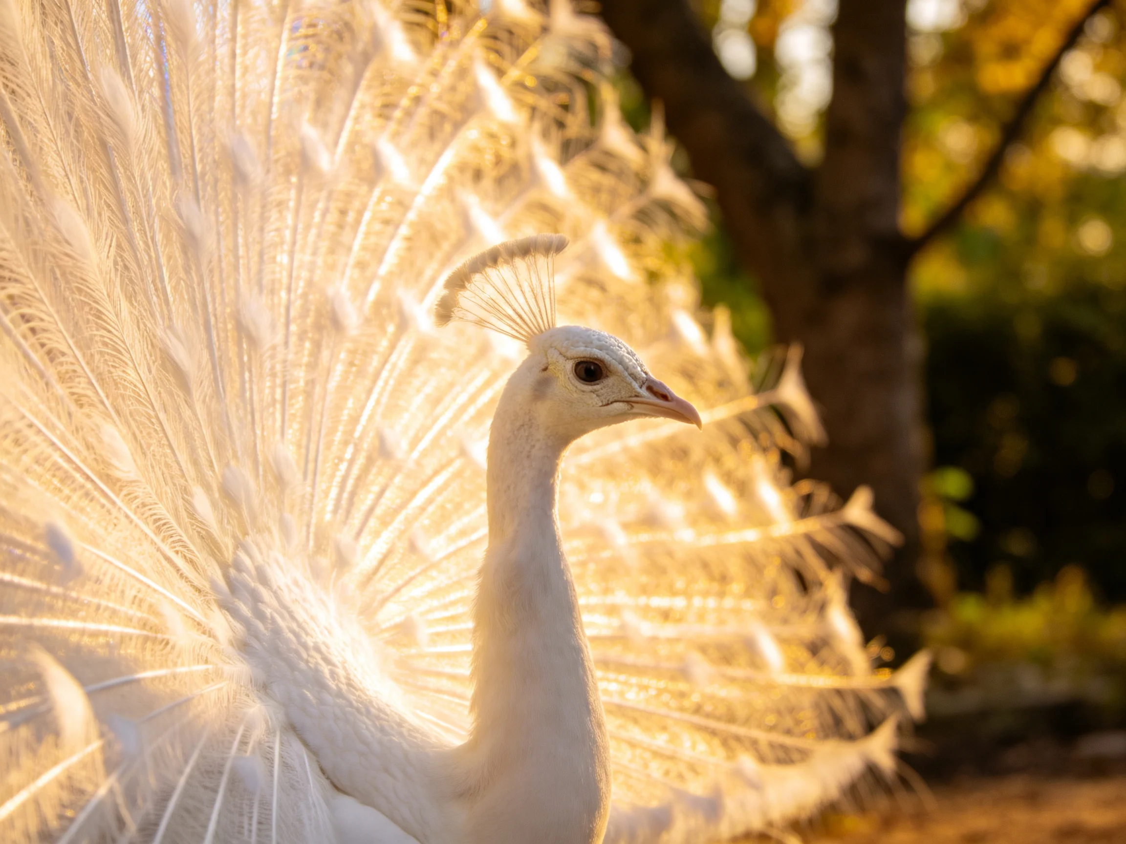 A white peacock displaying fanned tail feathers in golden light
