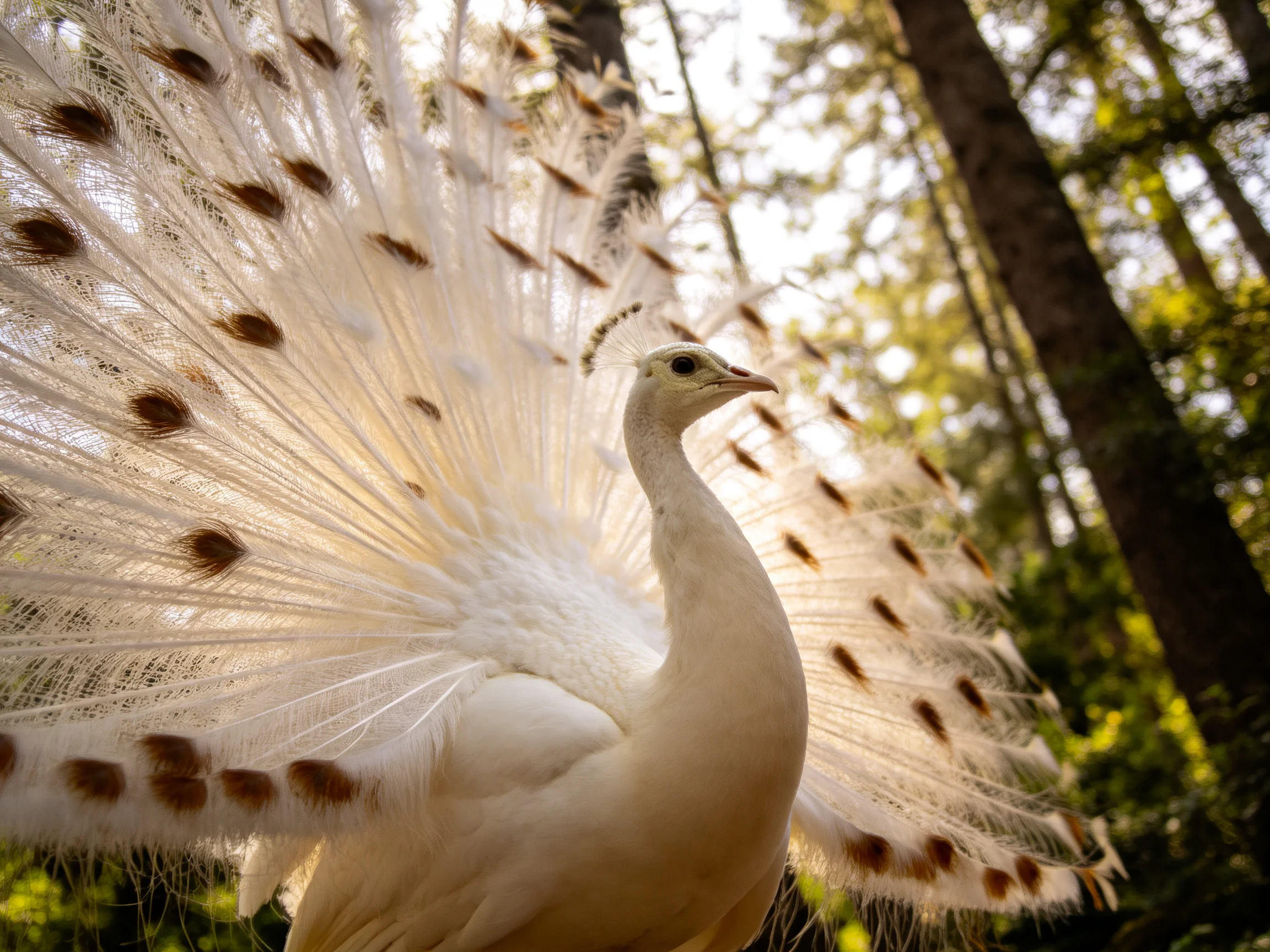 A white peacock displays elaborate spotted tail feathers in sun-dappled forest