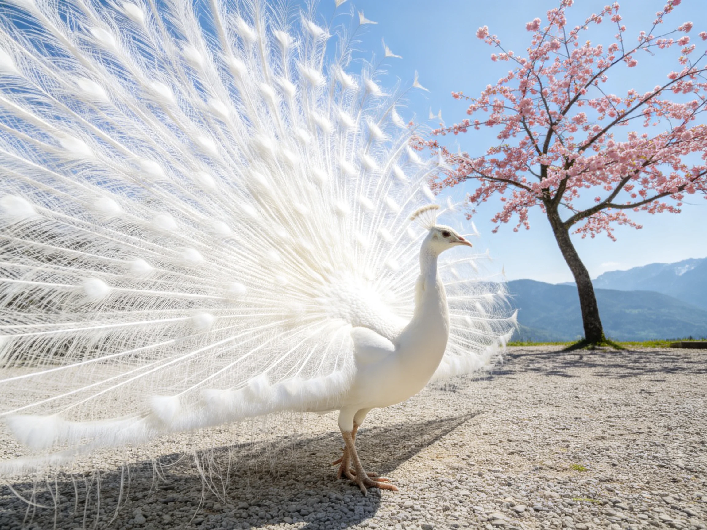 A white peacock displays fanned feathers by a cherry blossom tree